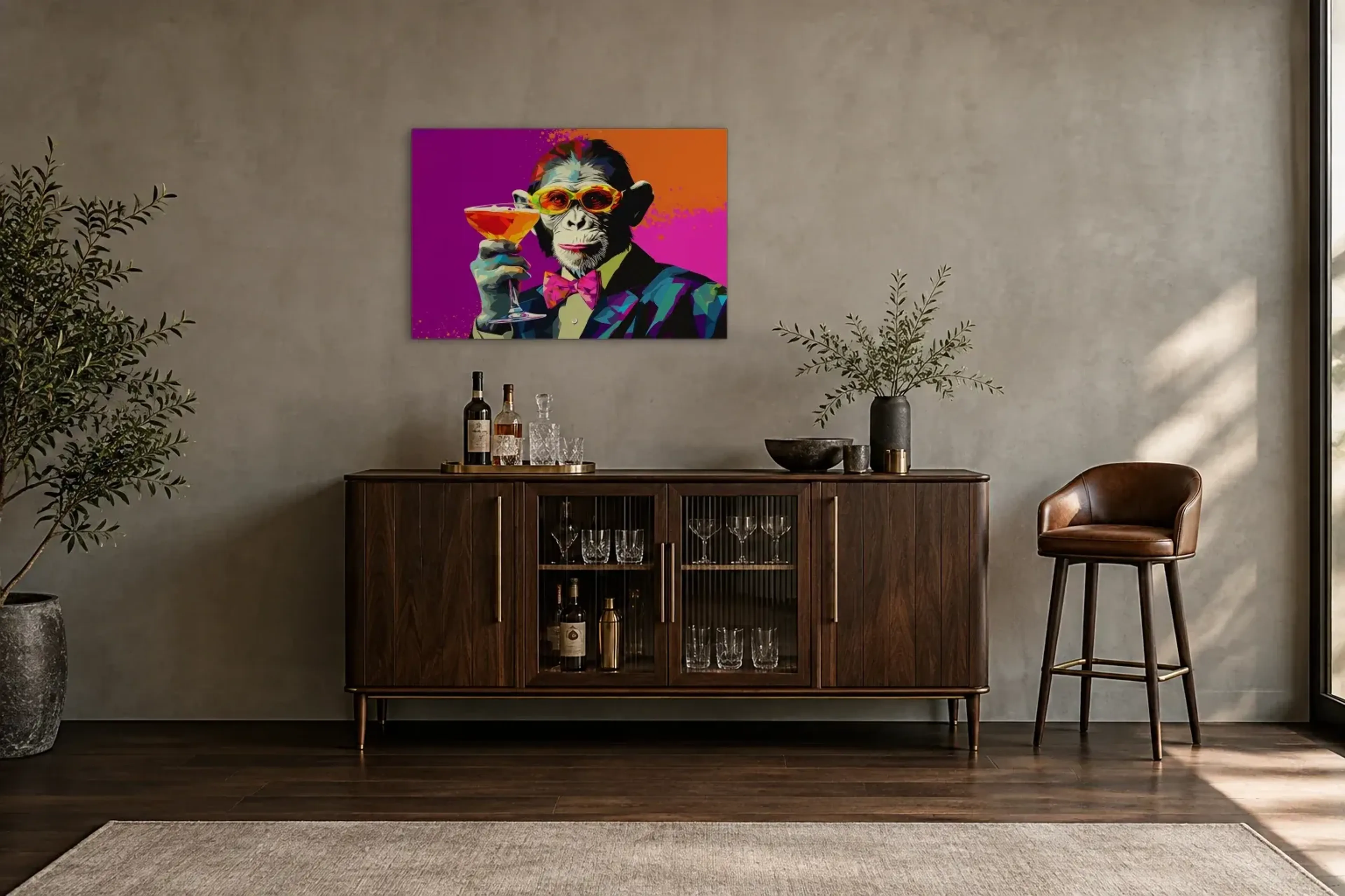Affe mit Getränk als Wandbild über einem 150-cm-Barschrank