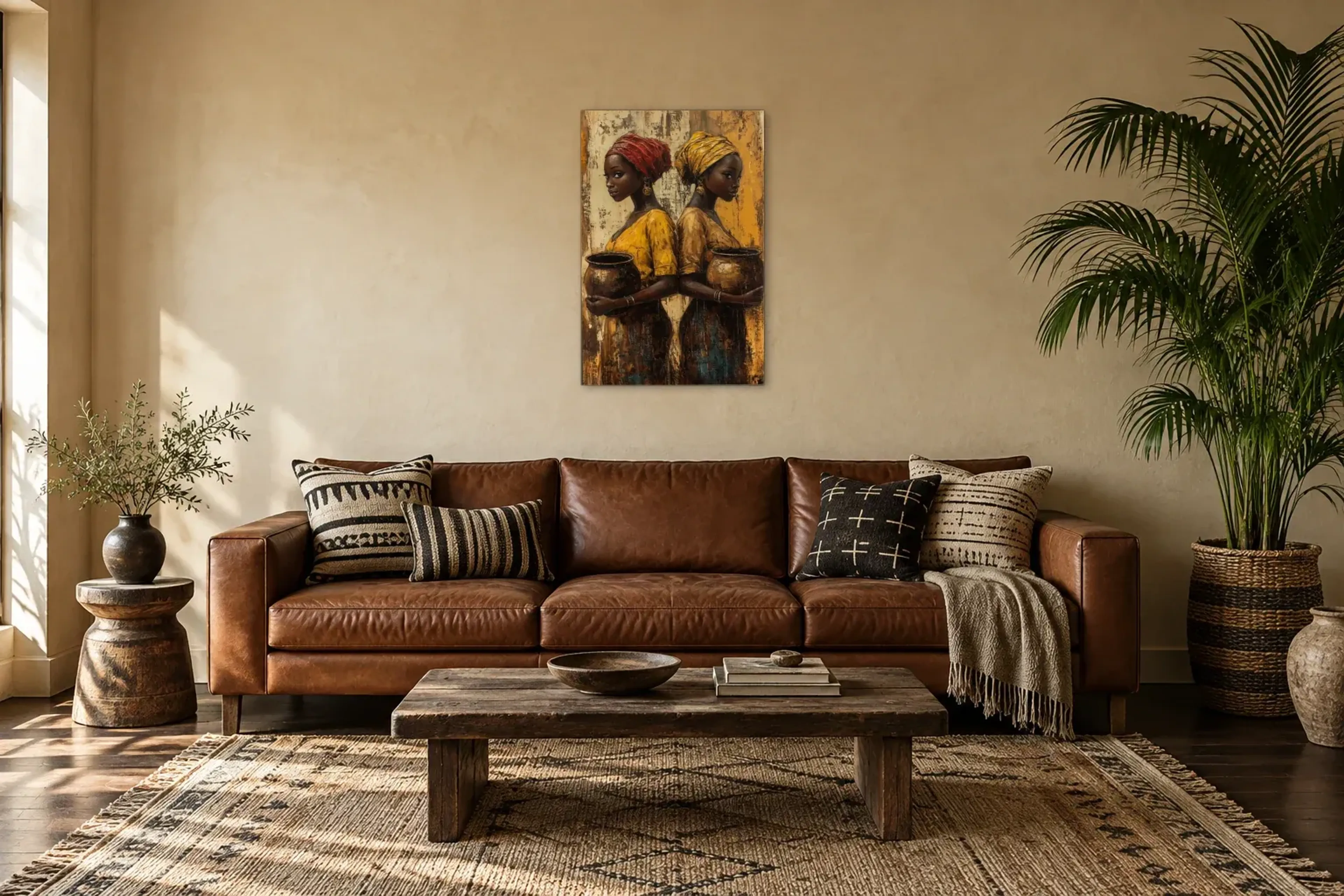 Wasserträger als Wandbild über einem 220-cm-Sofa