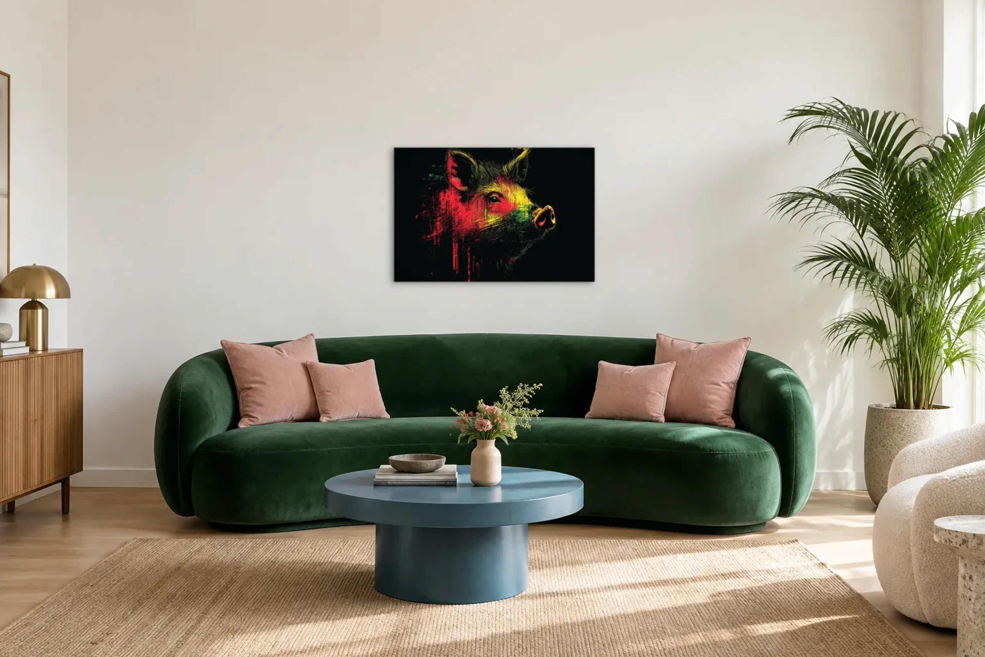 Wildschwein im Farbspiel als Wandbild über einem 220-cm-Sofa