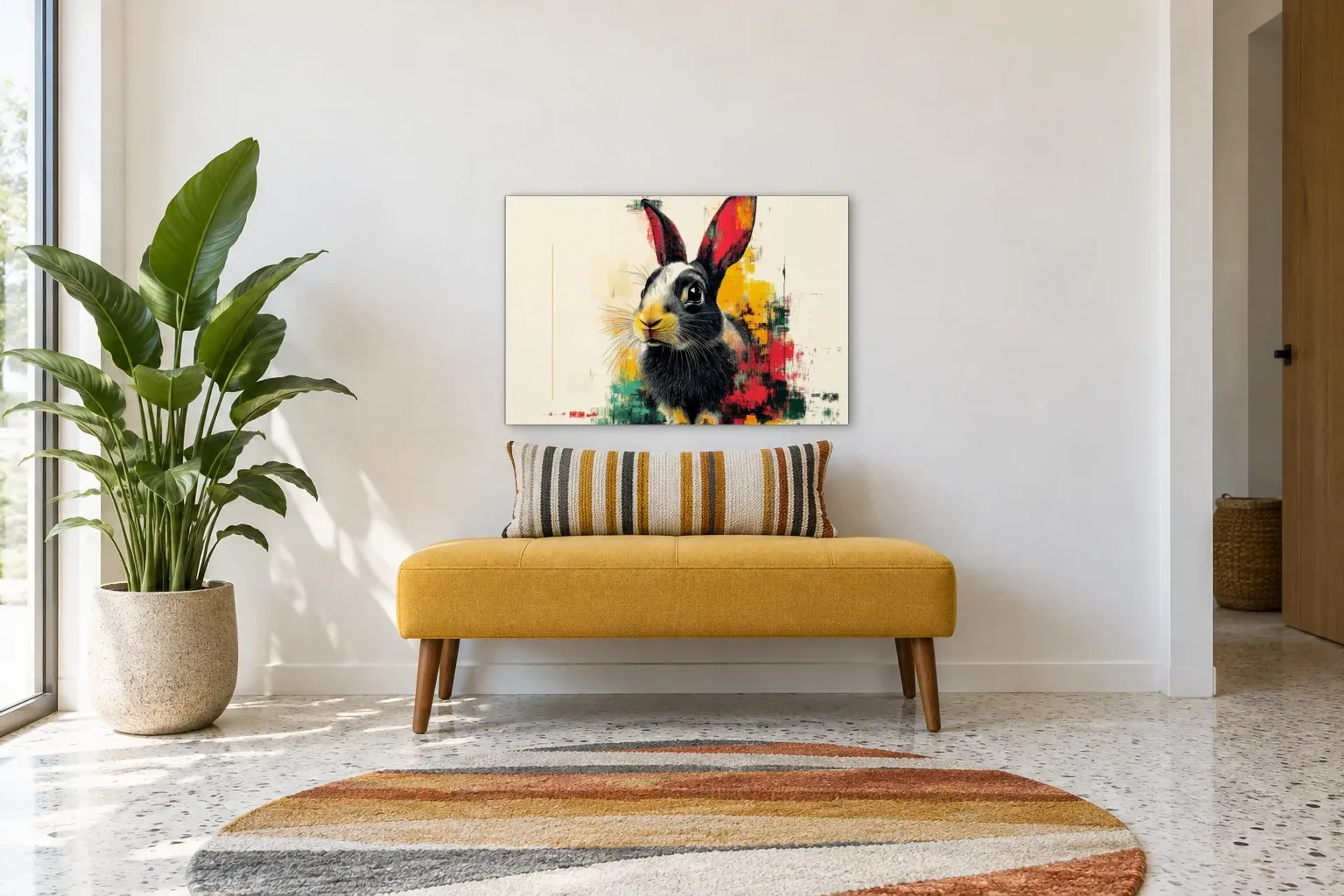 Hase auf Creme als Wandbild über einer 120-cm-Bank