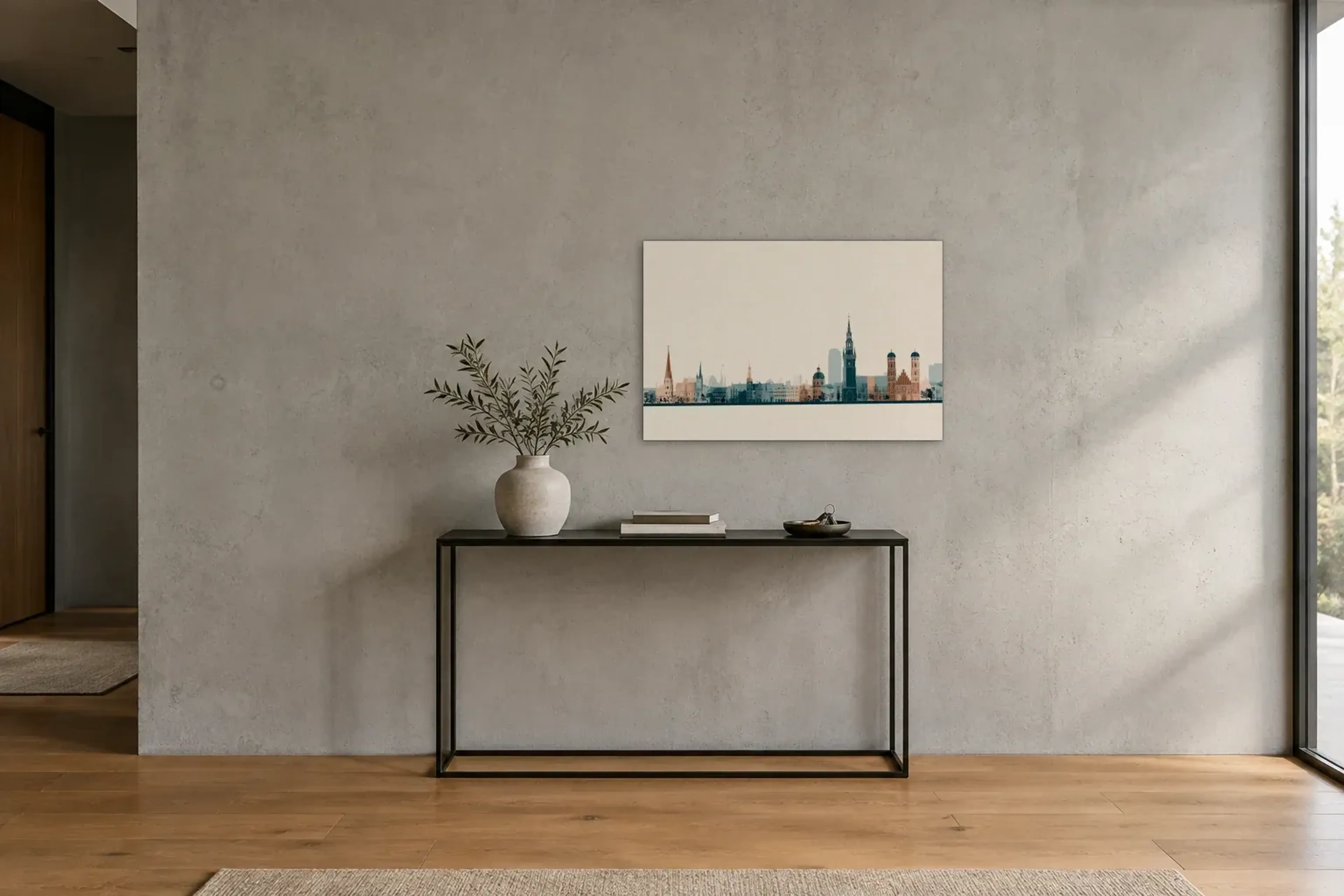 Münchner Türme auf Creme als Wandbild über einer 120-cm-Konsole