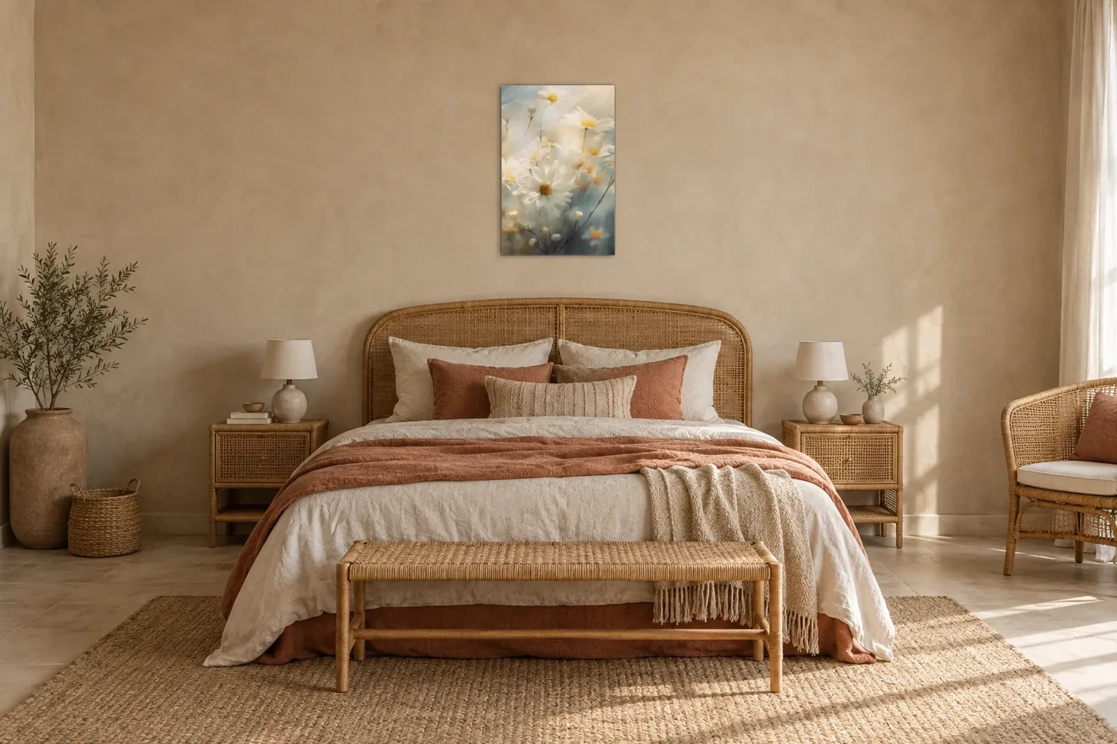 Weiße Blüten im Licht als Wandbild über einem 180-cm-Bett