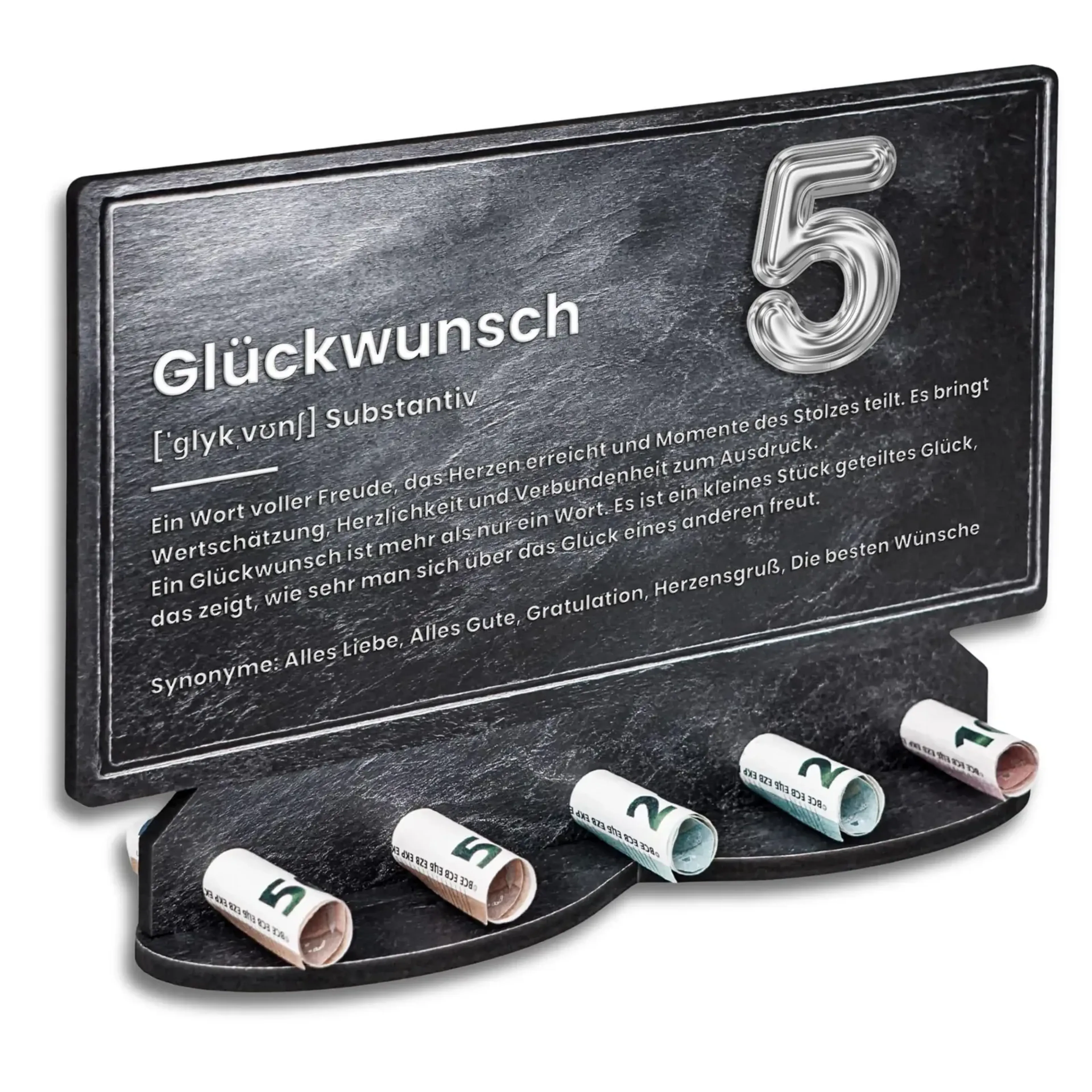 Dunkler Geldgeschenk-Aufsteller in Schieferoptik mit Beispielzahl, Glückwunschtext und gerollten Geldscheinen.