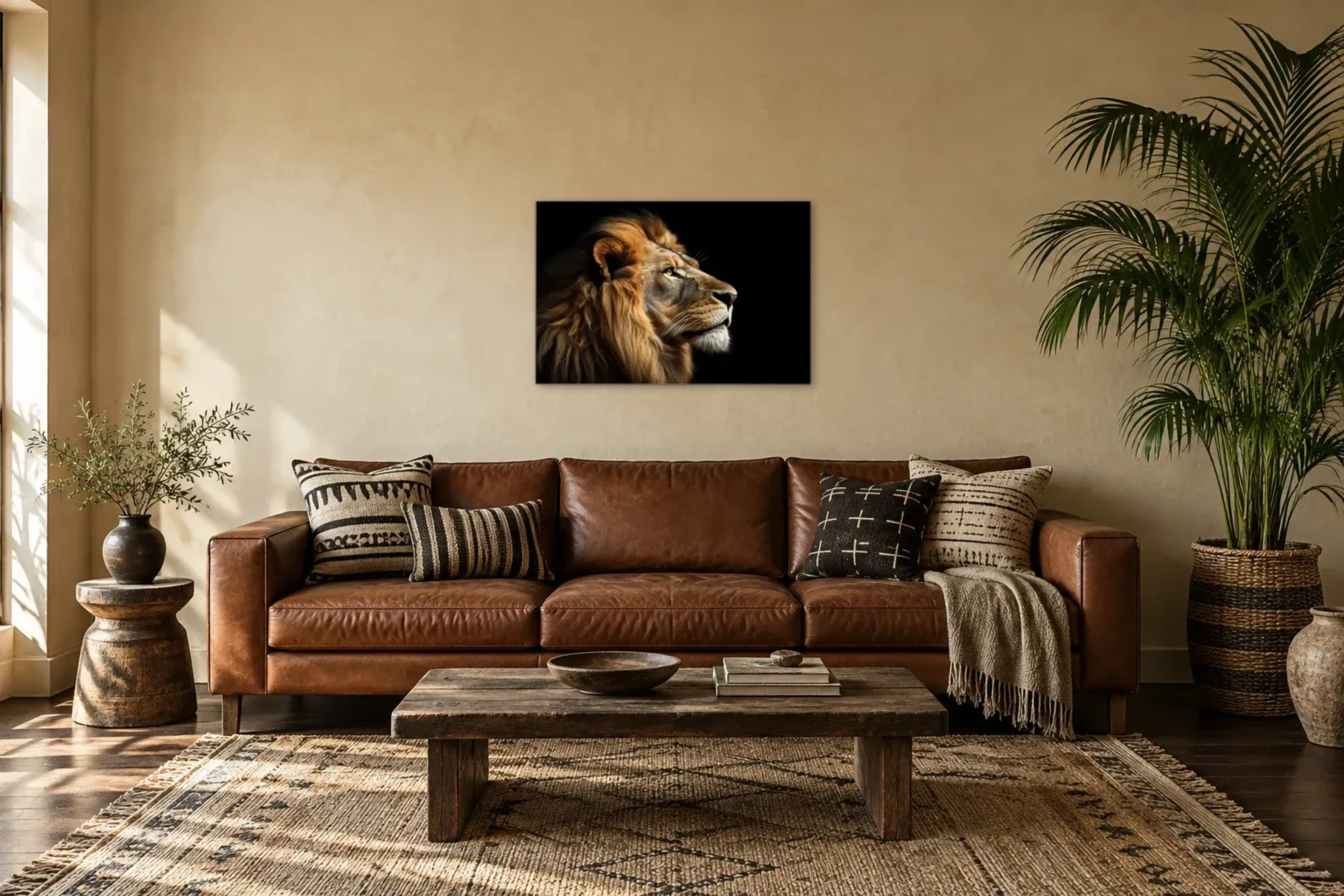 Löwe im Profil als Wandbild über einem 220-cm-Sofa