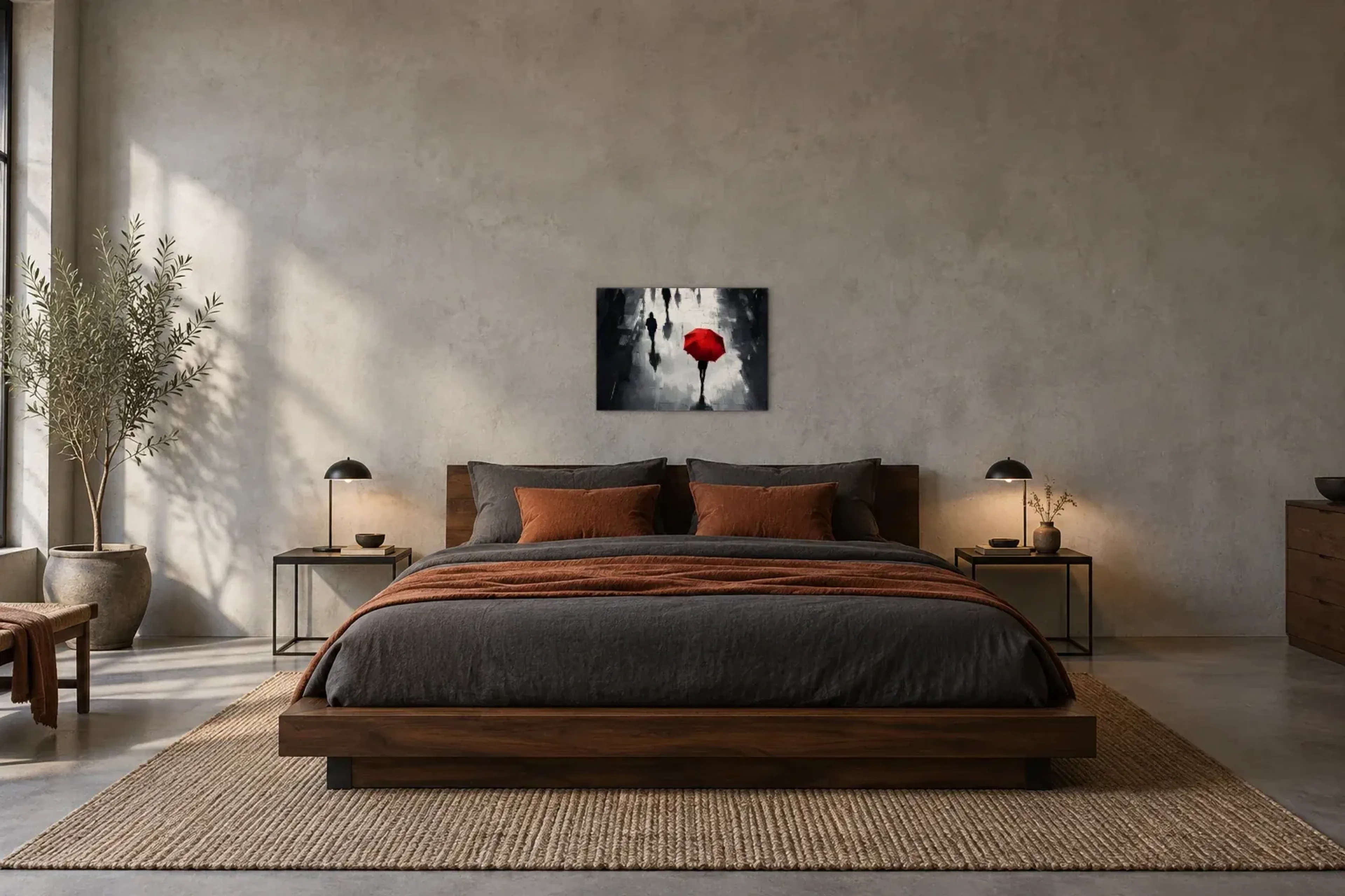 Spaziergang unter rotem Schirm als Wandbild über einem 180-cm-Bett