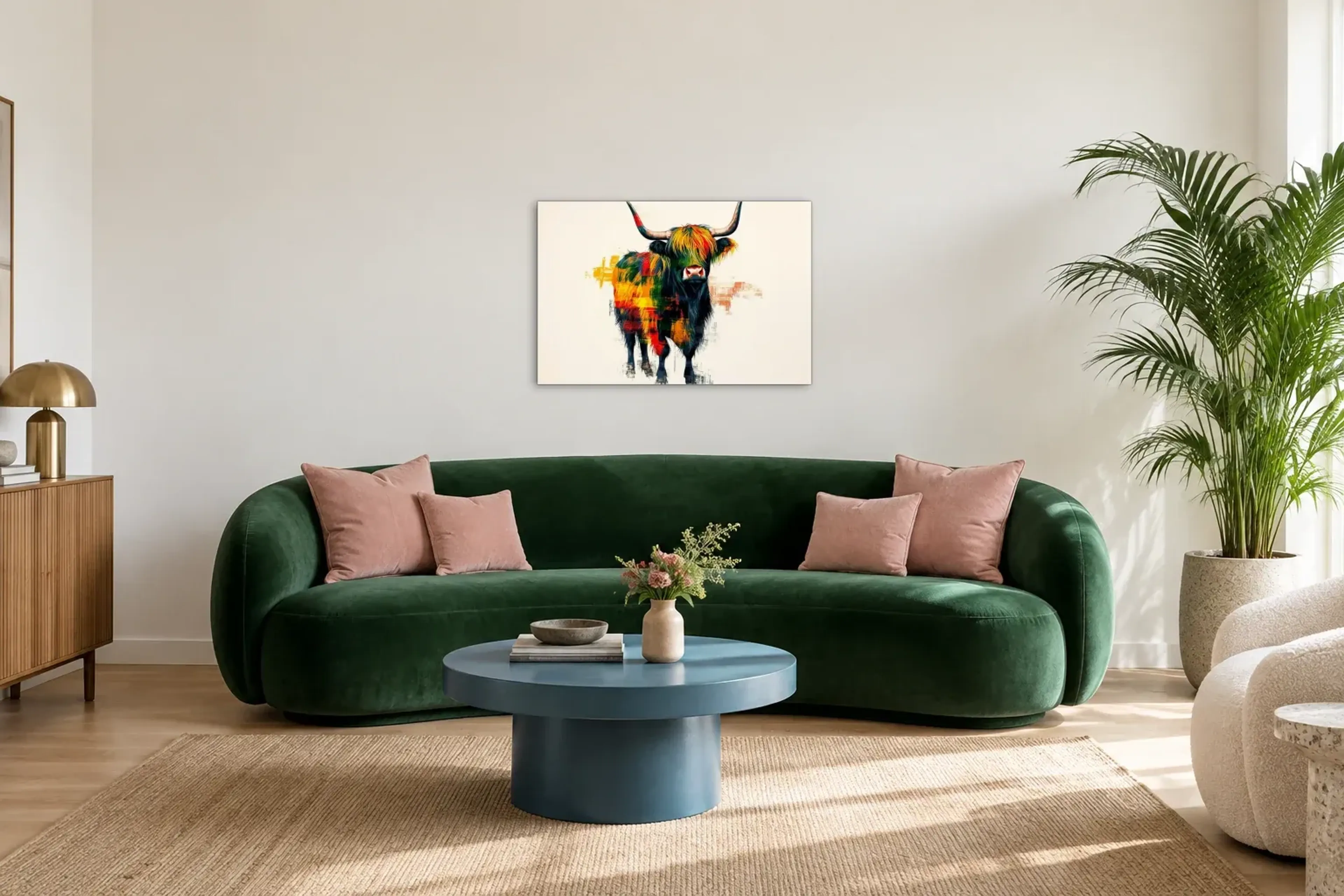 Hochlandrind im Farbenkleid als Wandbild über einem 220-cm-Sofa