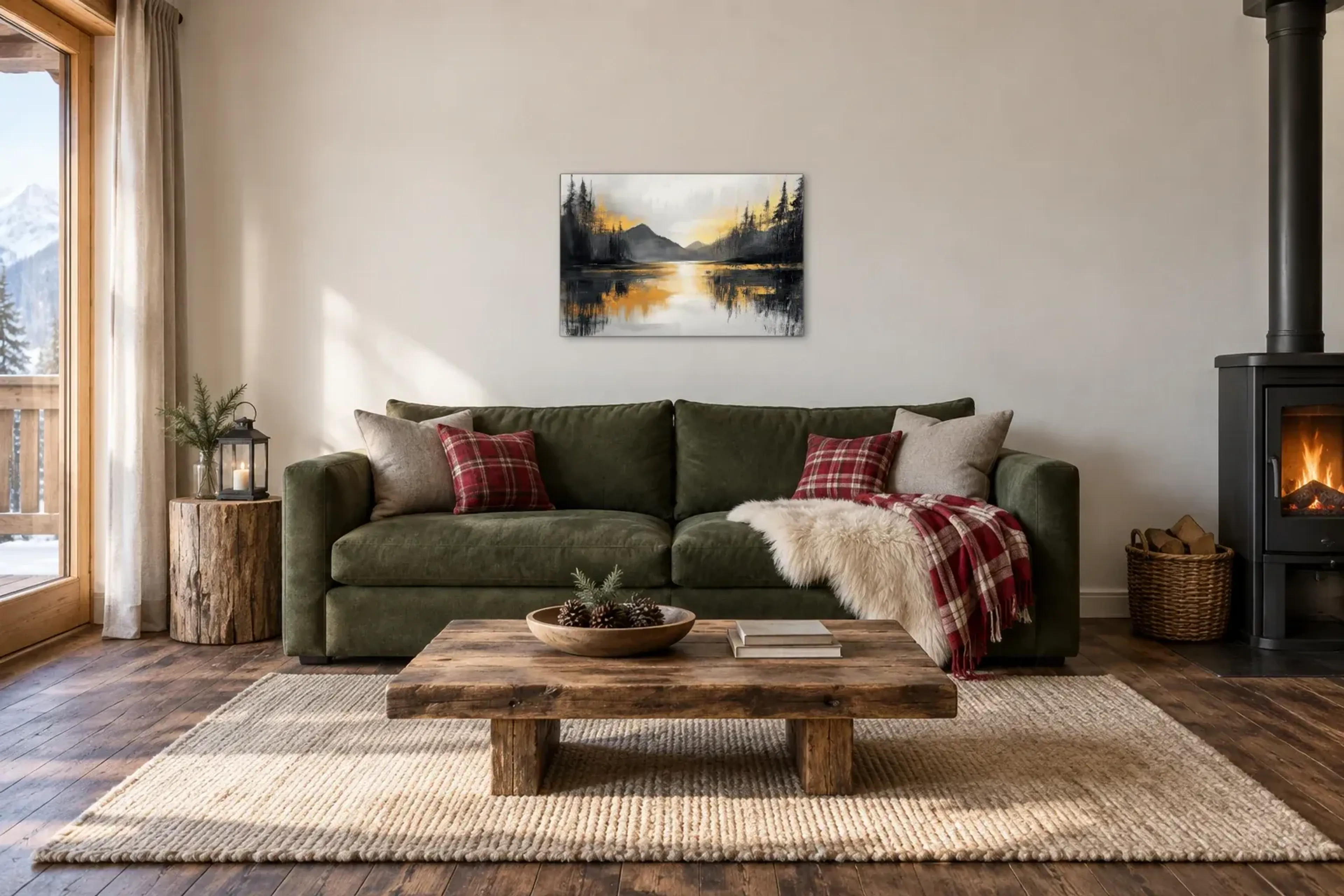 Bergsee im goldenen Licht als Wandbild über einem 220-cm-Sofa