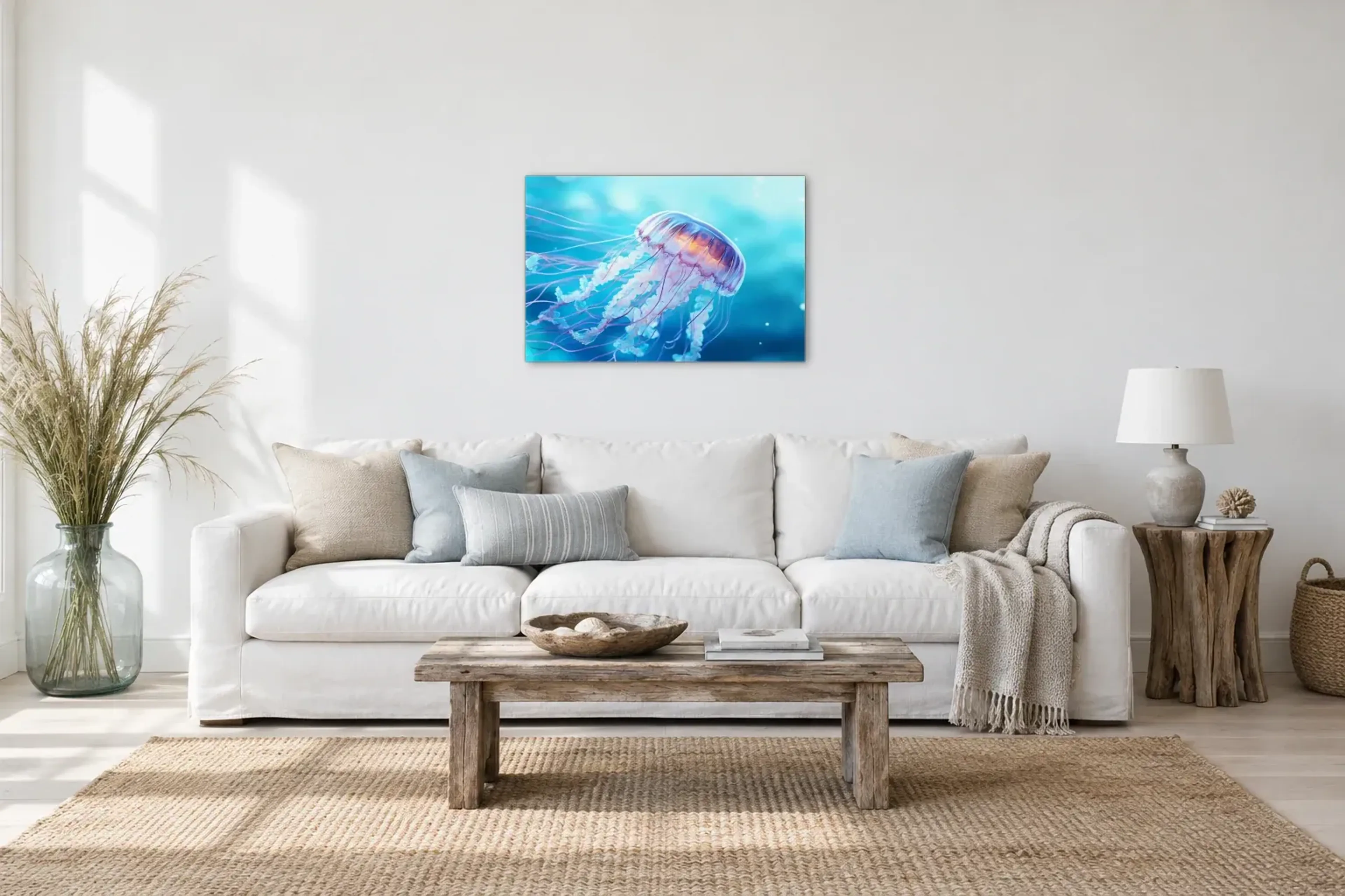 Qualle im Türkislicht als Wandbild über einem 220-cm-Sofa