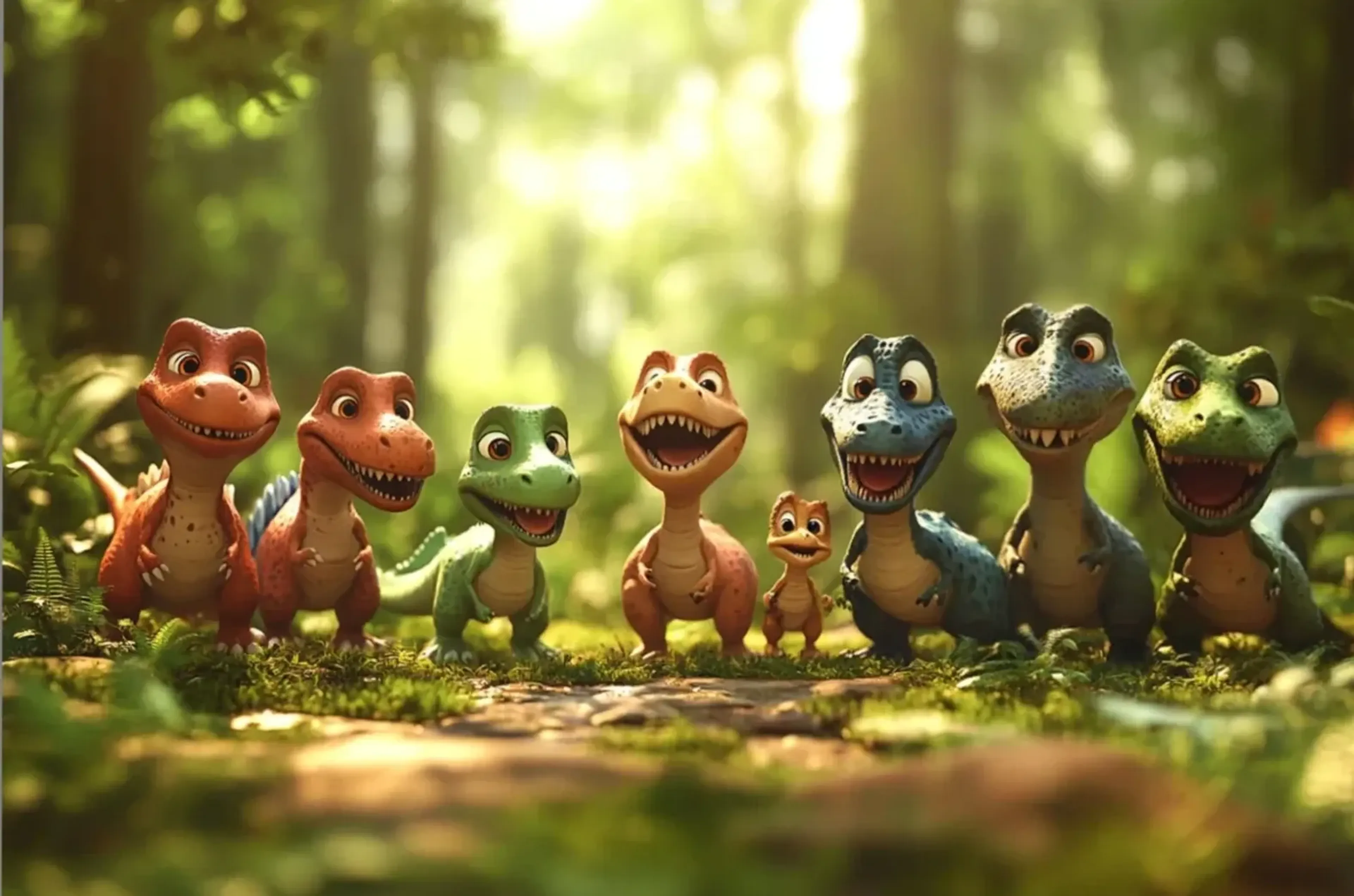 Bunte kleine Dinos mit großen Augen stehen auf Moos in einem sonnendurchfluteten Wald.