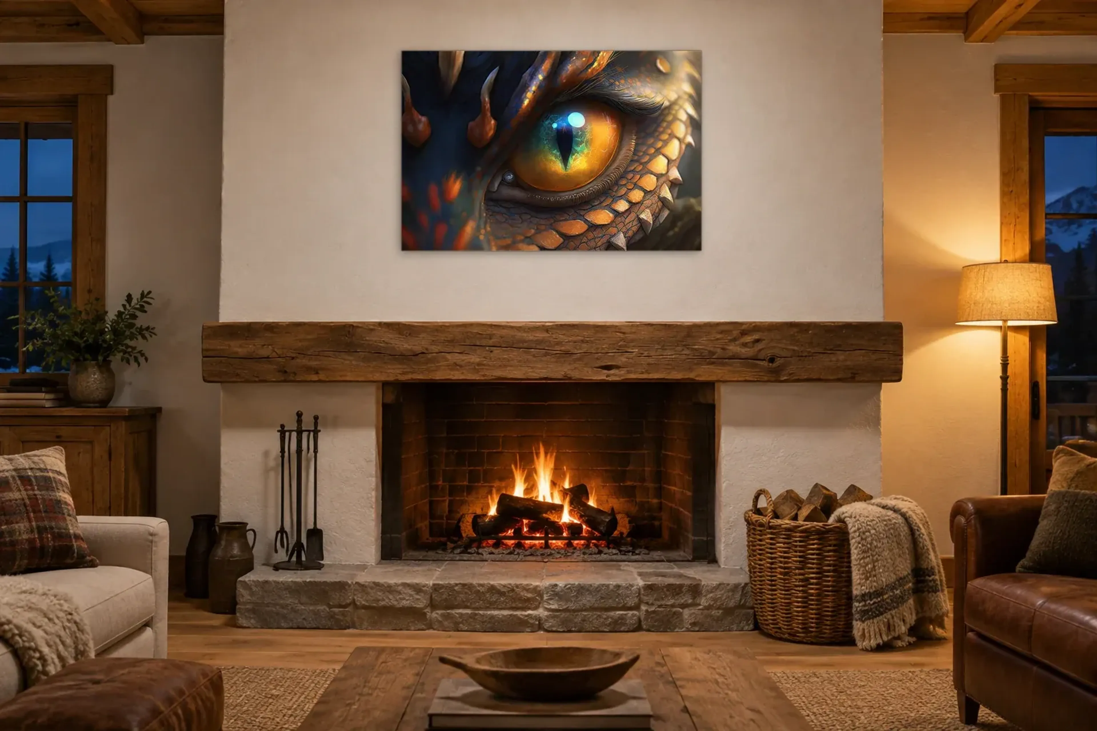 Goldenes Drachenauge als Wandbild über einem 180-cm-Kaminsims