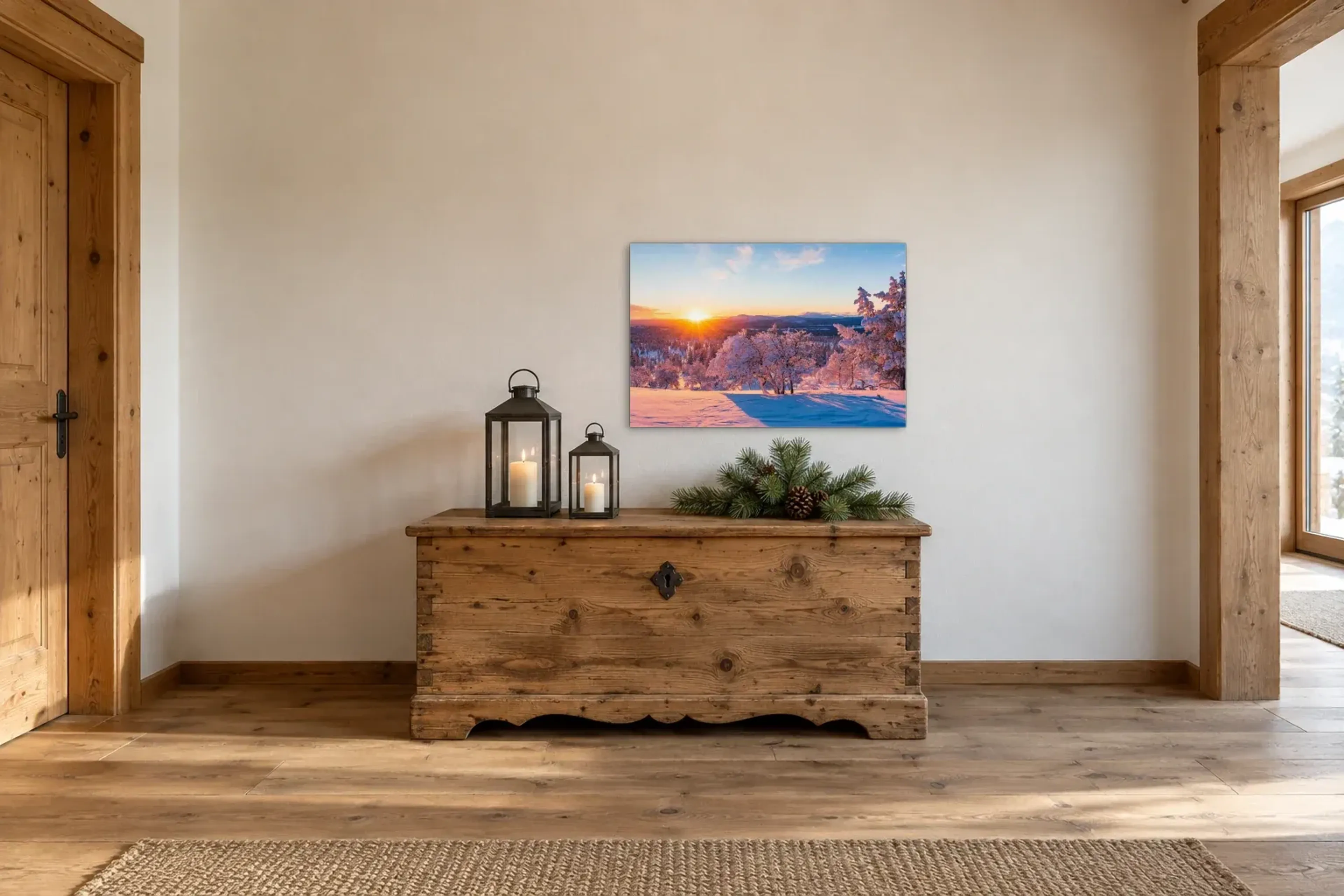 Winterlandschaft im Sonnenlicht als Wandbild über einer 140-cm-Truhe