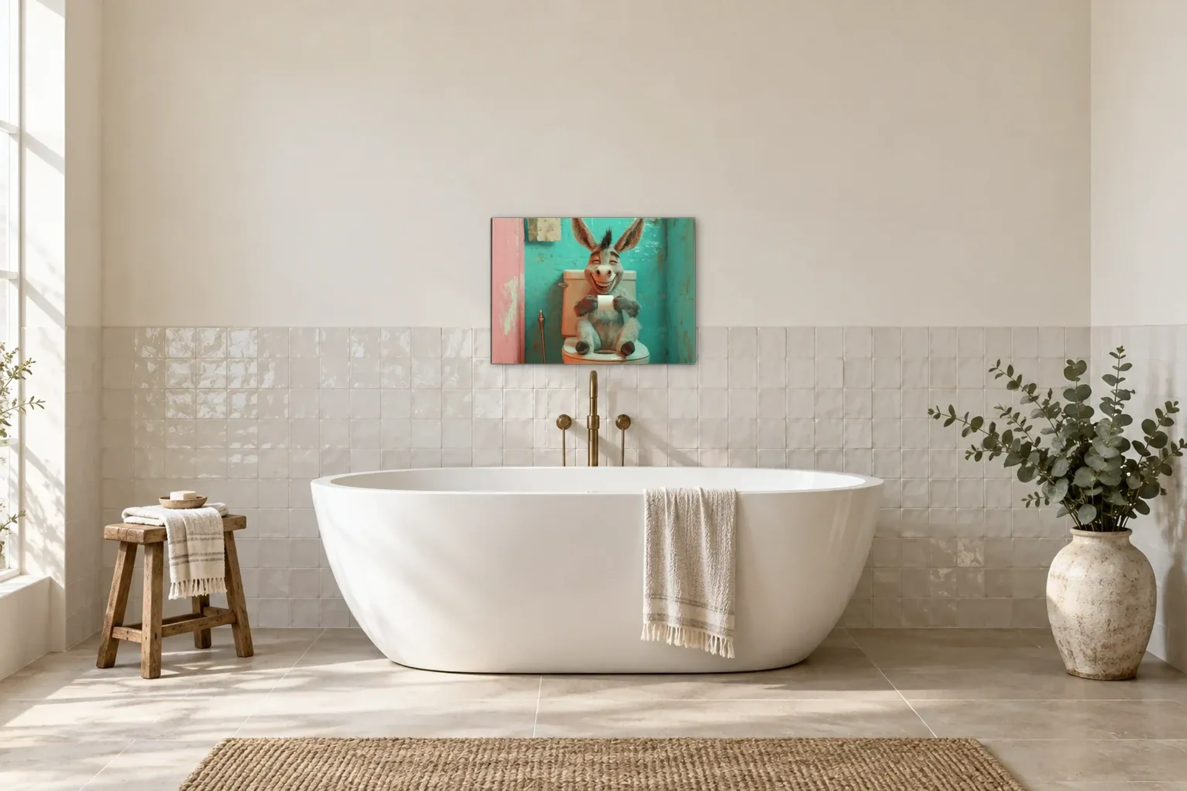 Esel im Türkisbad als Wandbild über einer 170-cm-Badewanne