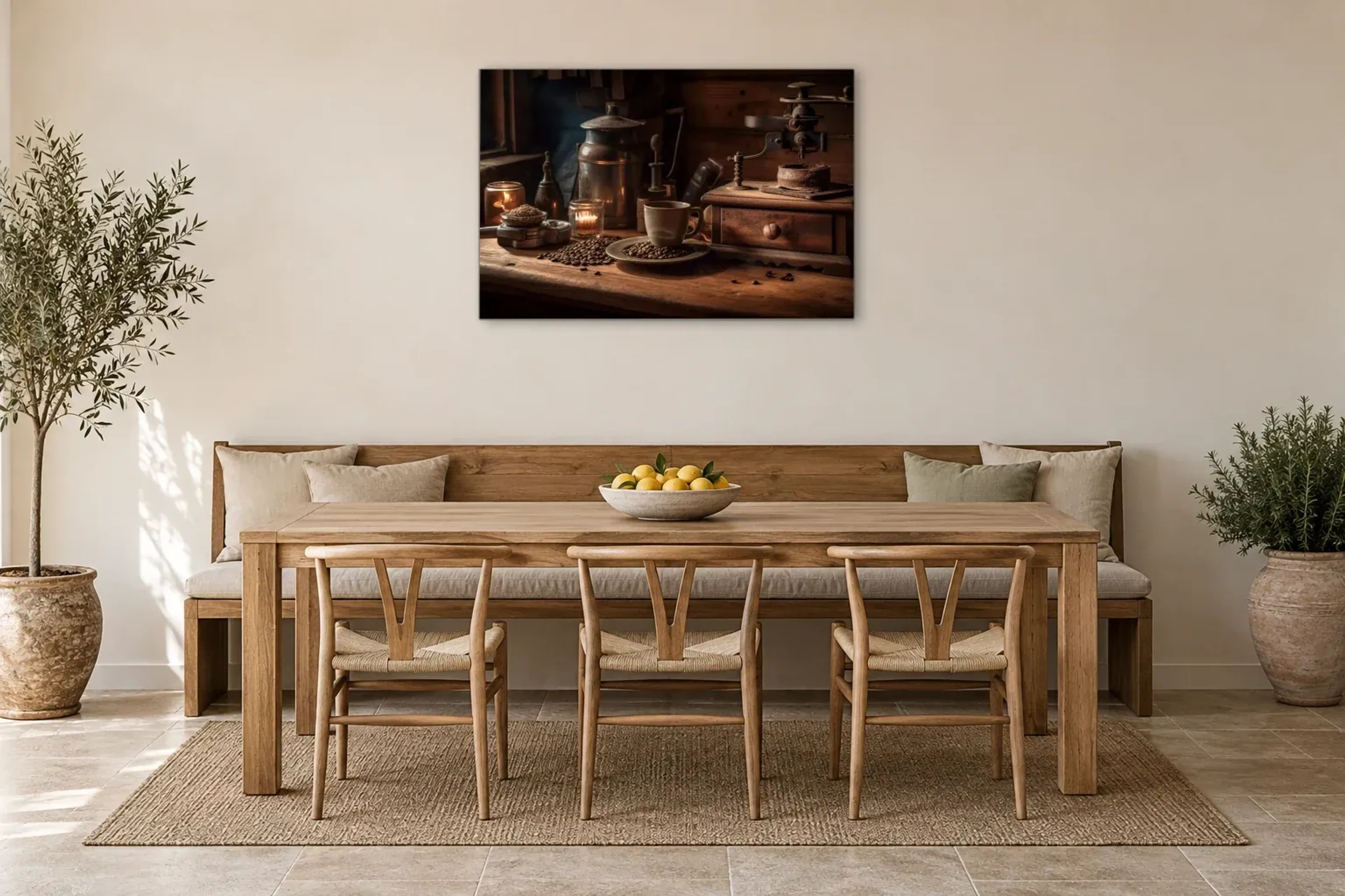 Kaffee Tisch als Wandbild über einer 200-cm-Sitzbank