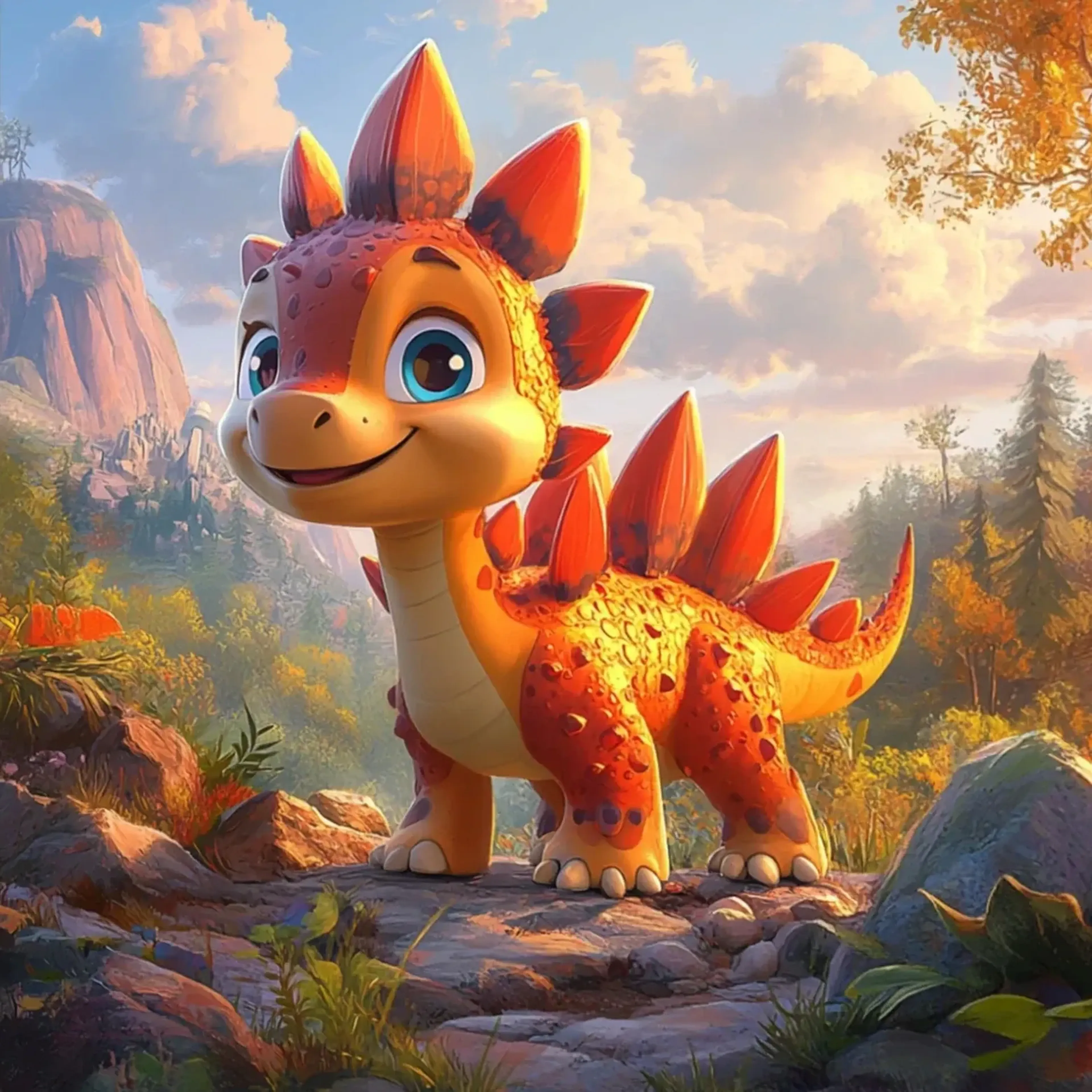 Ein lächelnder orangegelber Dino mit roten Rückenplatten steht im warmen Licht vor Bergen und Wald.