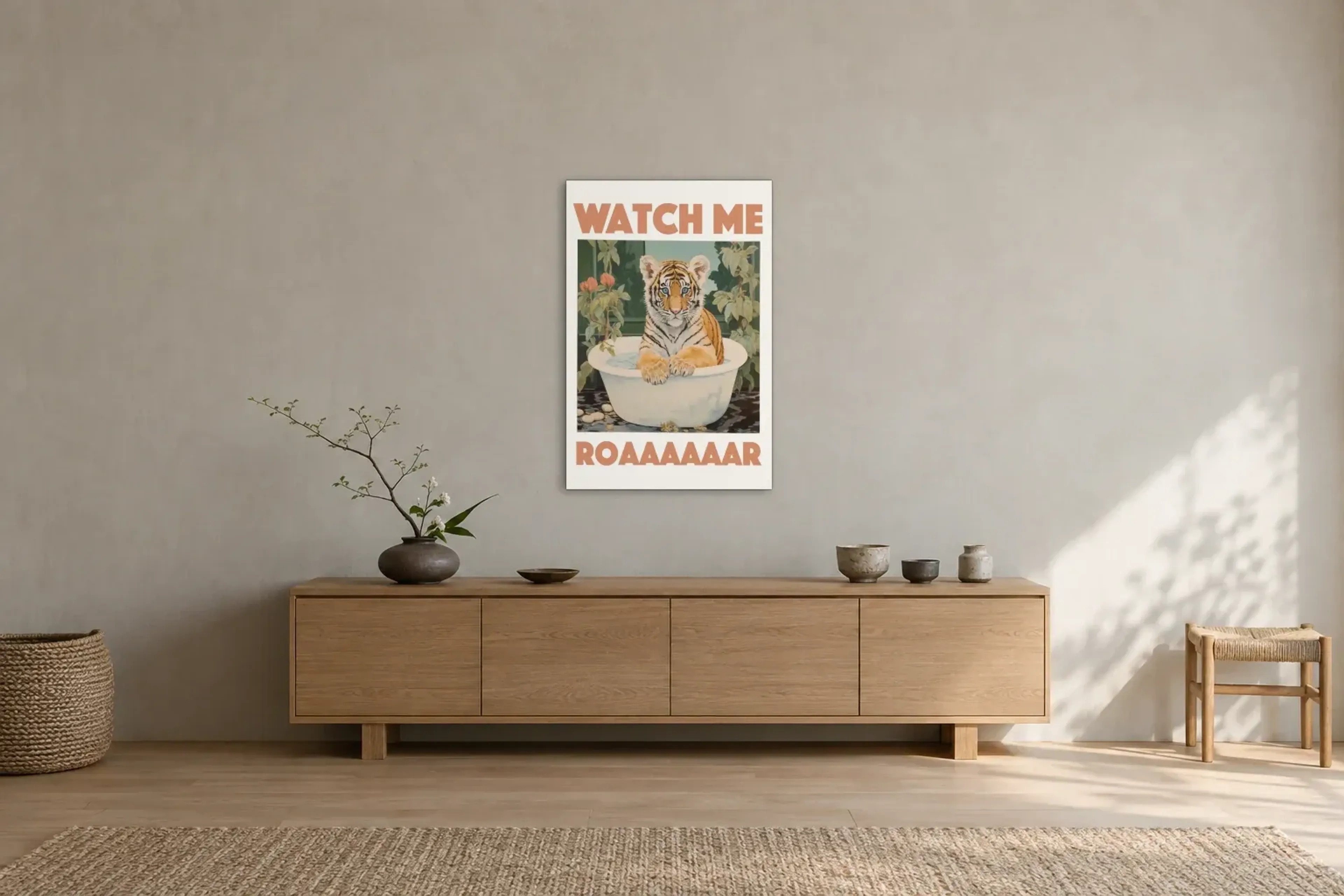 Tiger Badewanne als Wandbild über einem 180-cm-Sideboard
