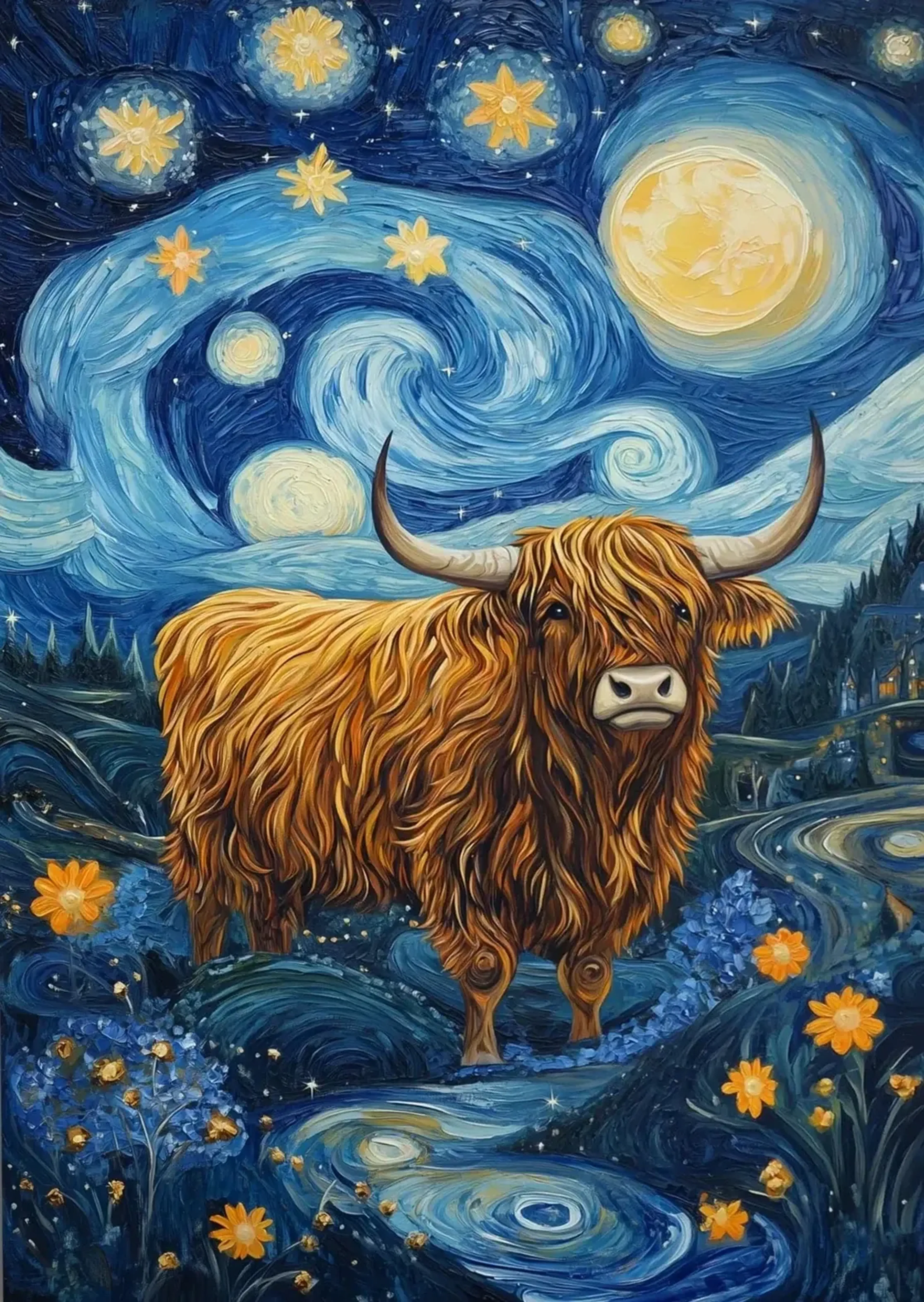 Goldbraunes Hochlandrind zwischen Blumen unter einem blauen Wirbelhimmel mit gelben Sternen und Mond.