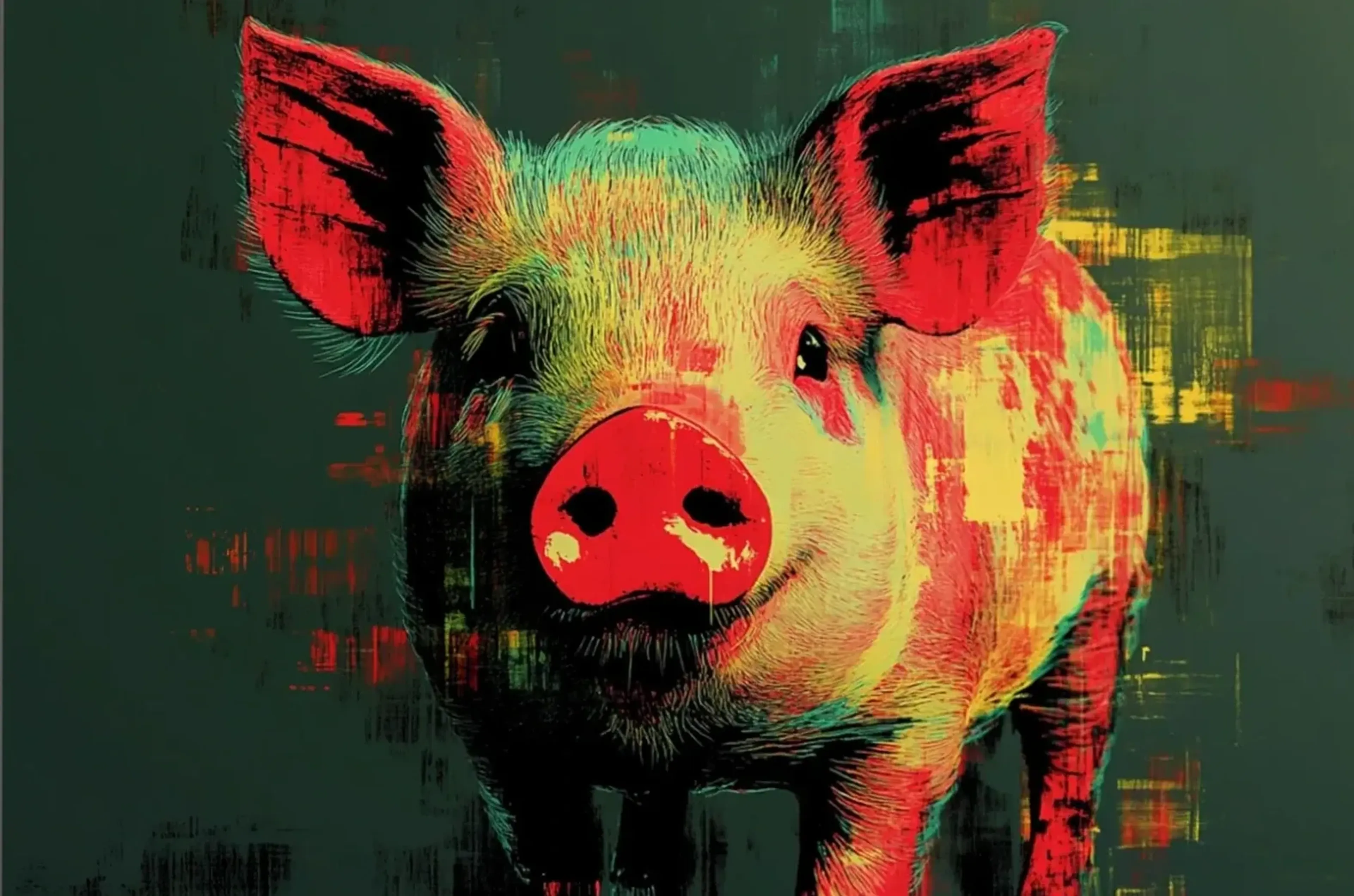 Schwein auf Dunkelgrün – Motiv als Wandbild auf Holz