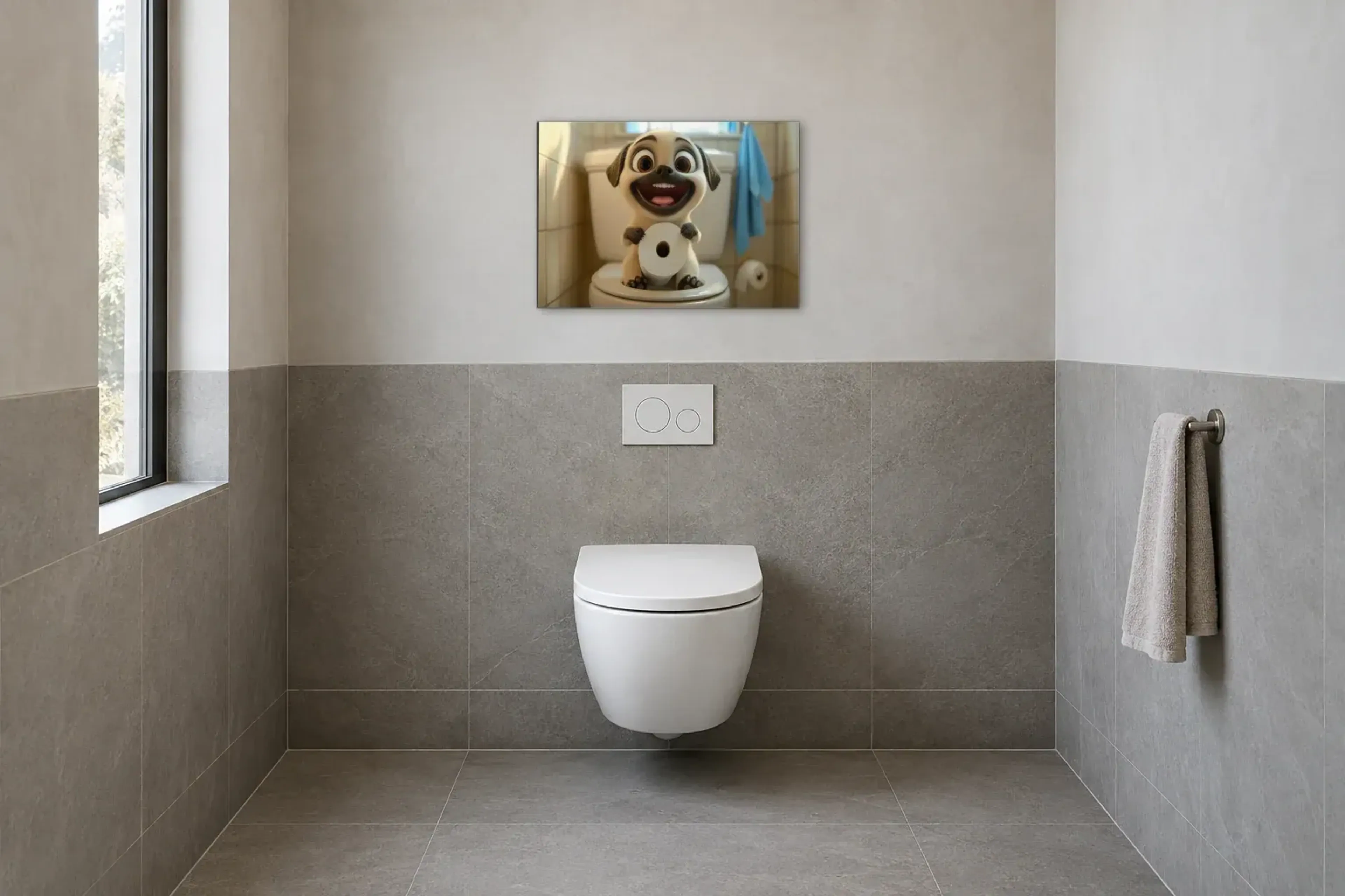 Mops mit breitem Grinsen als Wandbild im Gäste-WC