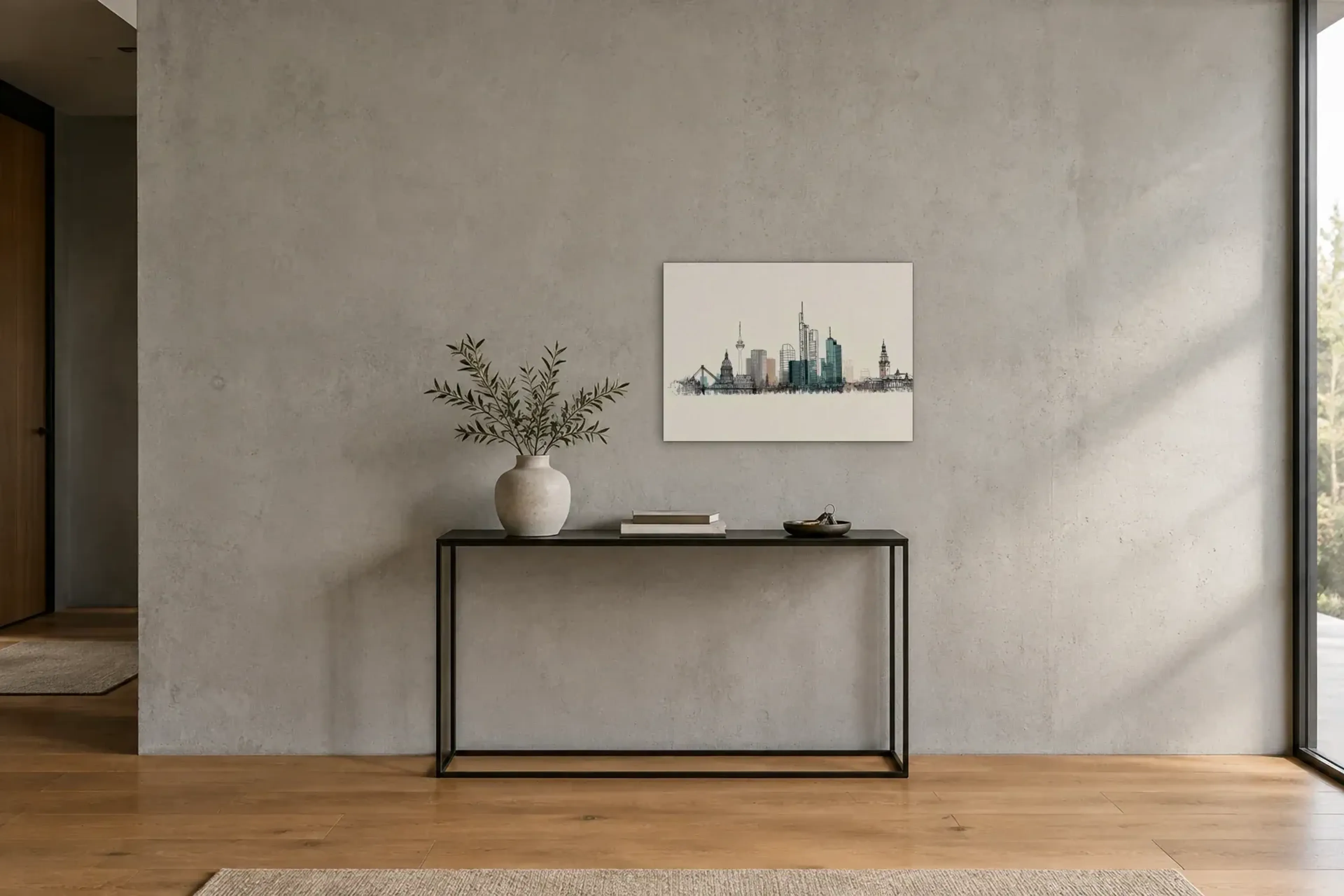 Frankfurt in feinen Linien als Wandbild über einer 120-cm-Konsole