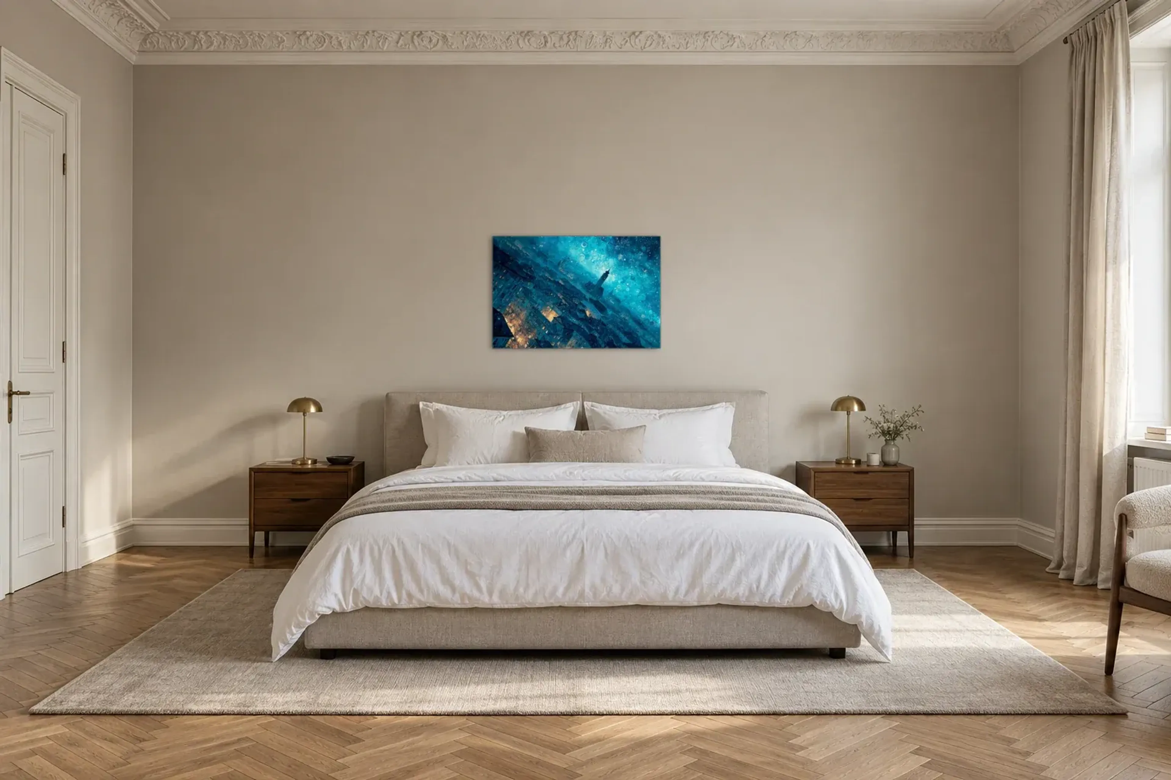München im blauen Wirbel als Wandbild über einem 180-cm-Bett