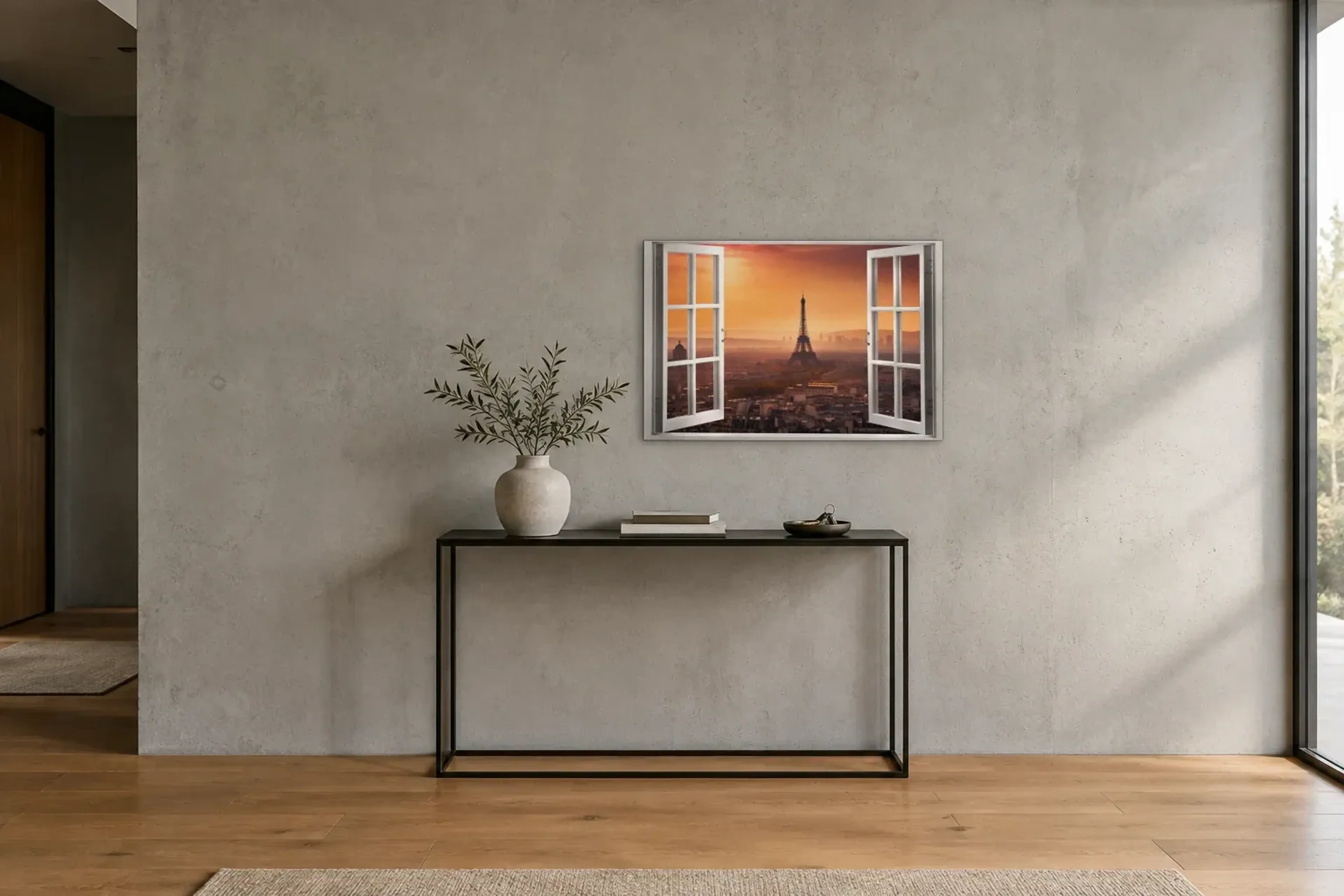 Paris im Abendlicht als Wandbild über einer 120-cm-Konsole