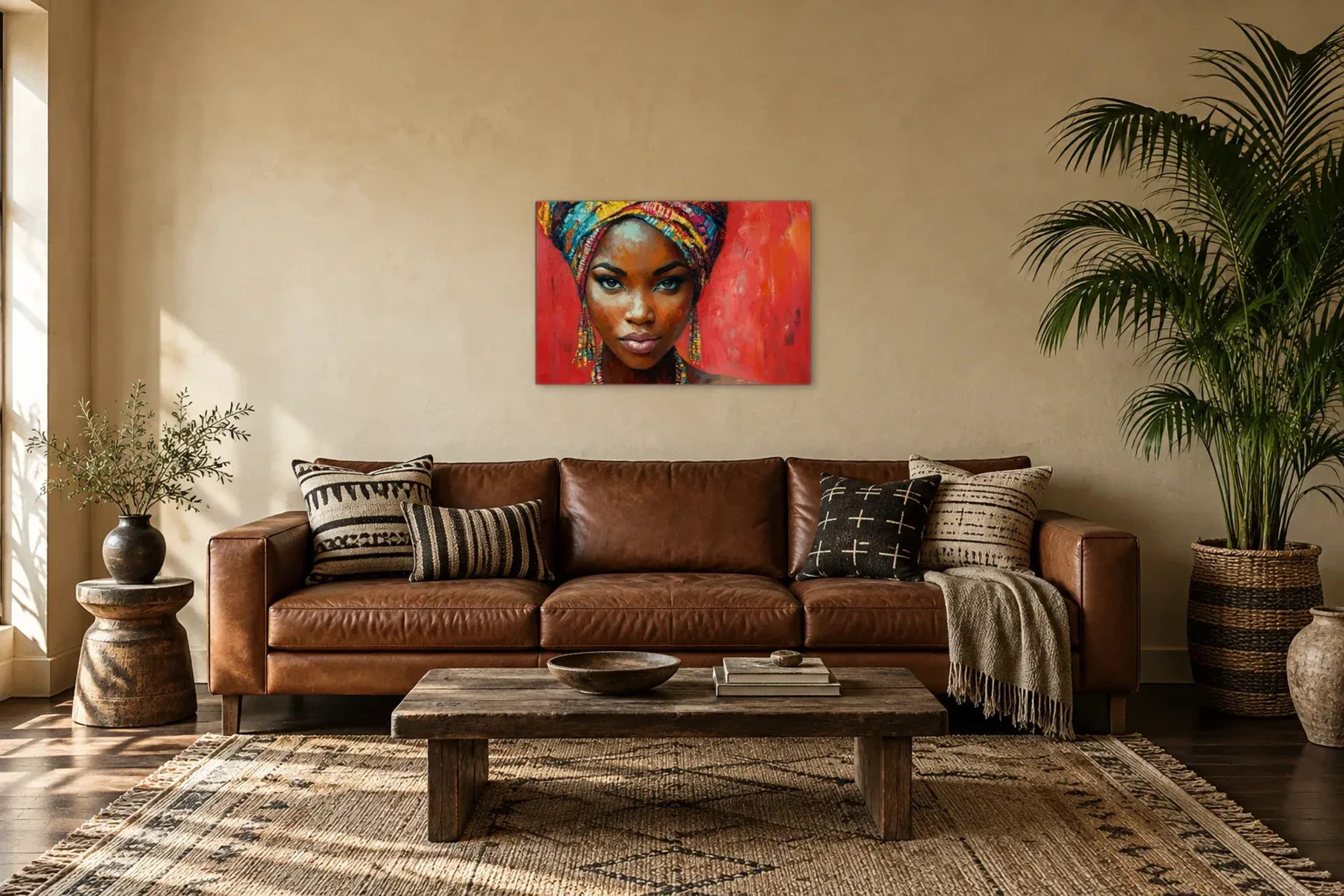 Turbanfrau als Wandbild über einem 220-cm-Sofa