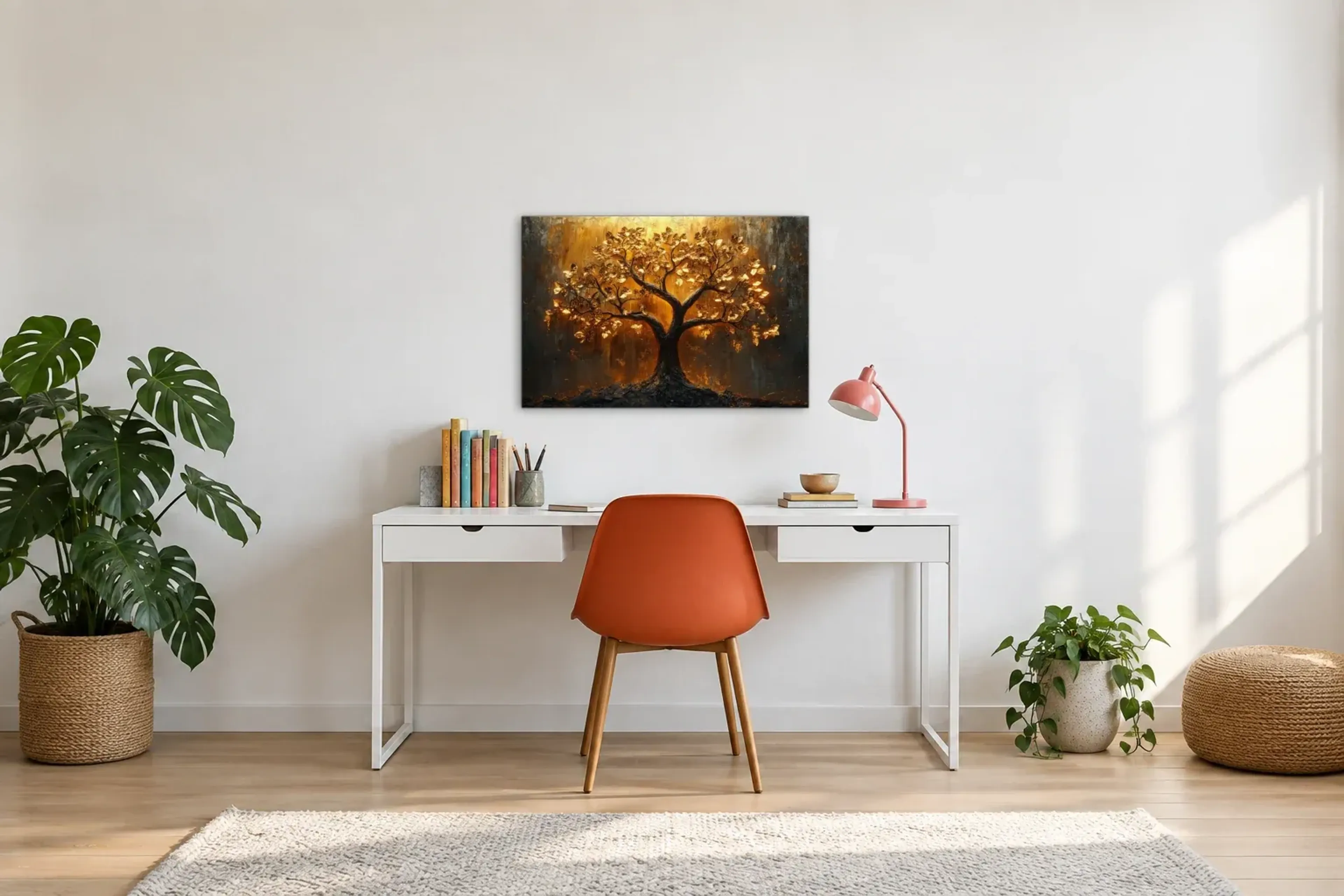 Lebensbaum Sonnenlicht als Wandbild über einem 140-cm-Schreibtisch