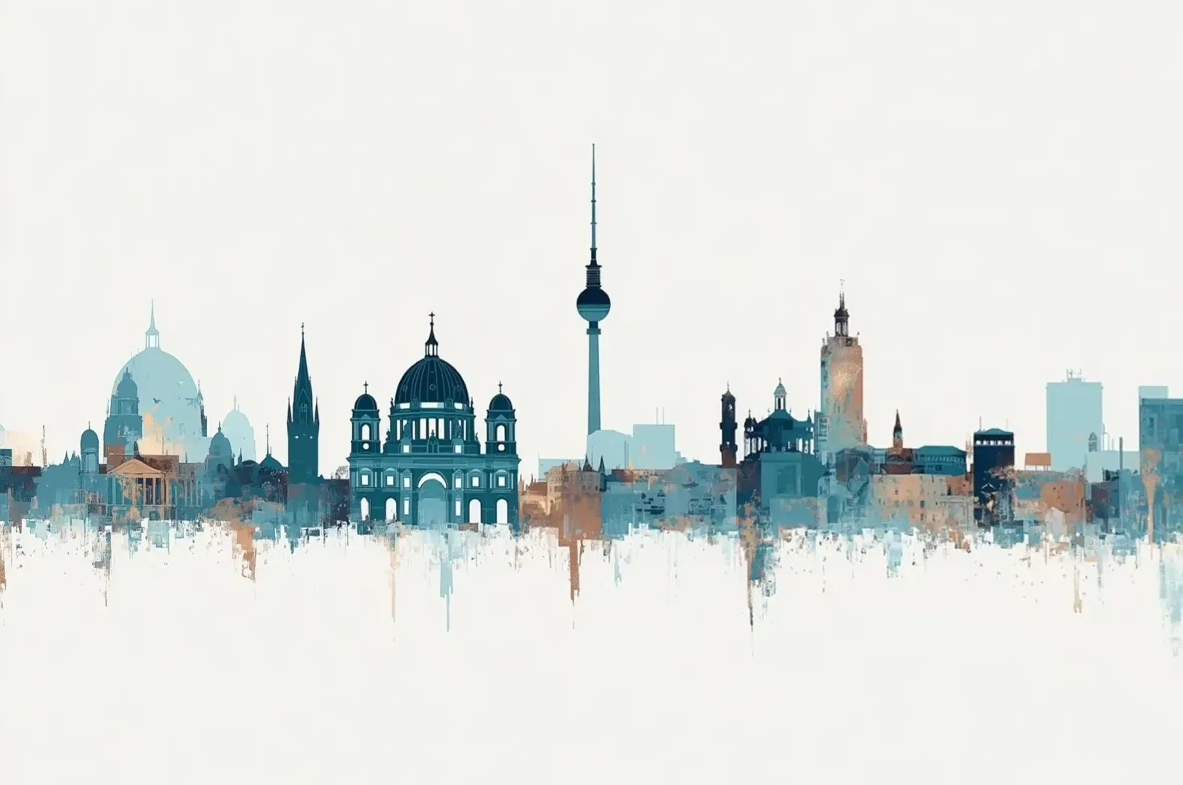 Stilisierte Berliner Bauwerke mit Dom und Fernsehturm in Petrol, Türkis und Sandtönen auf warmweißem Grund.