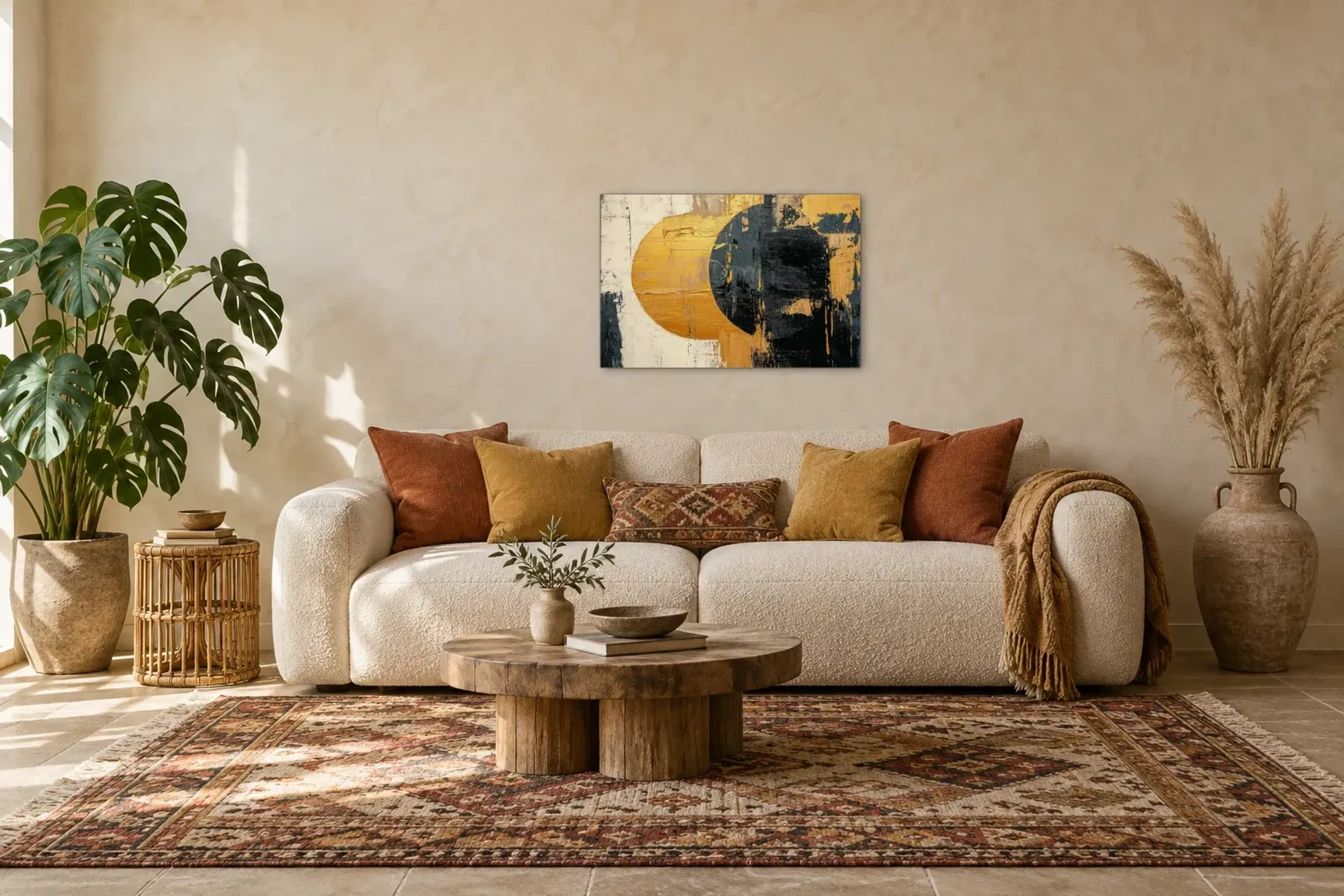 Versetzte Kreise als Wandbild über einem 220-cm-Sofa