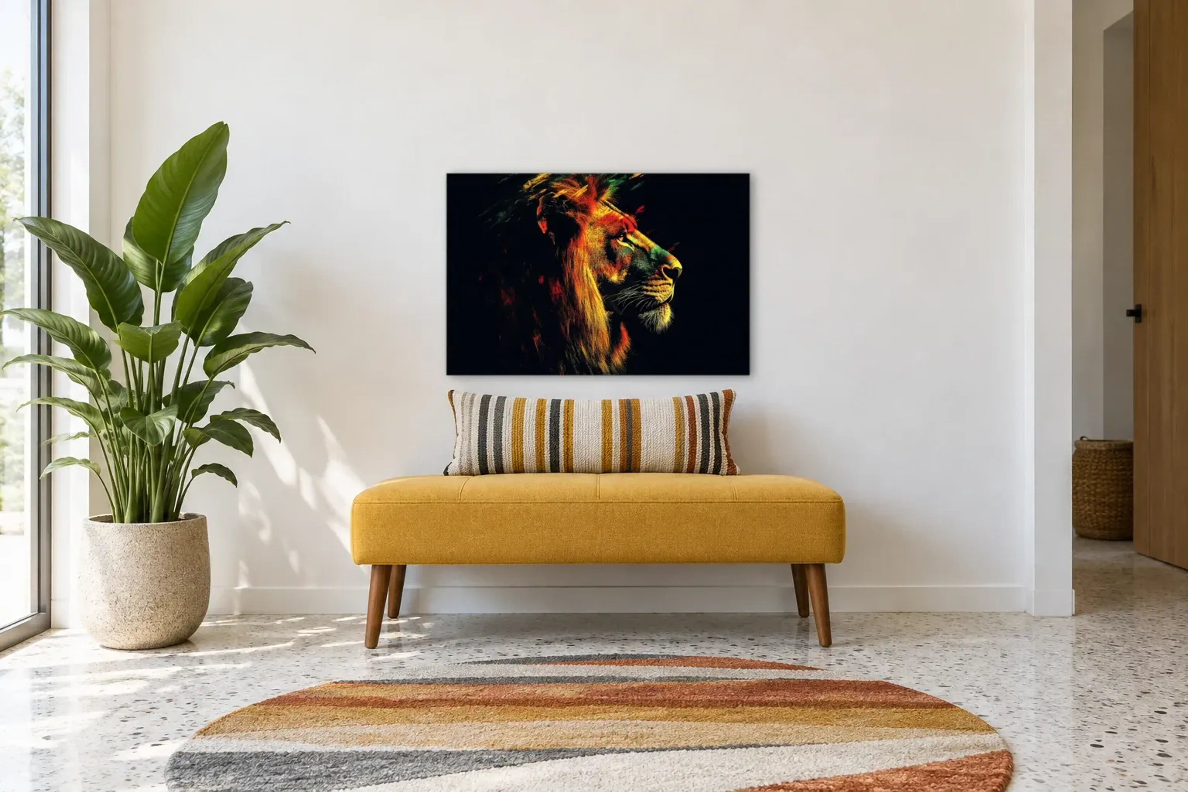 Löwe mit leuchtender Mähne als Wandbild über einer 120-cm-Bank