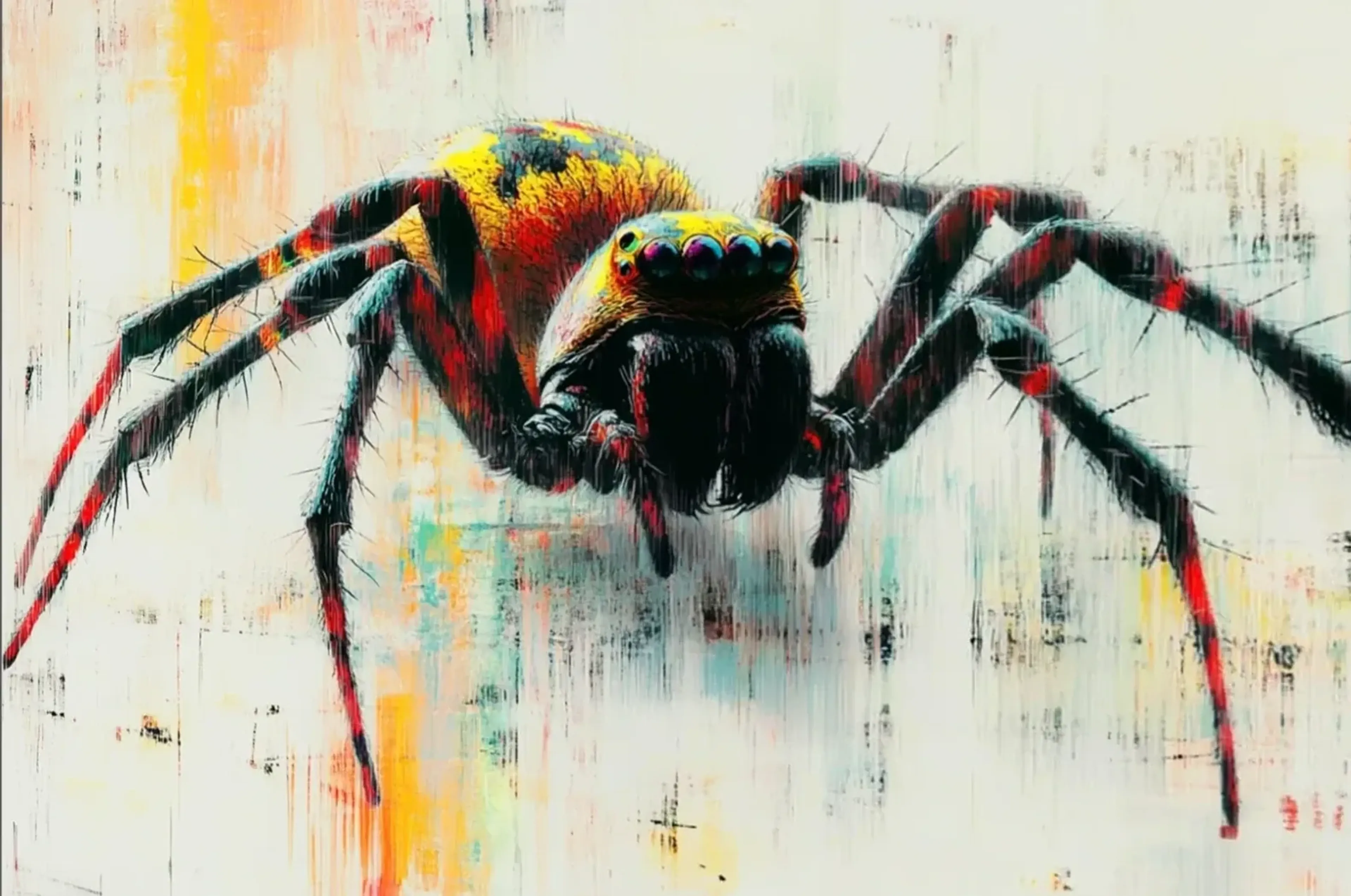 Spinne mit bunten Akzenten – Motiv als Wandbild auf Holz