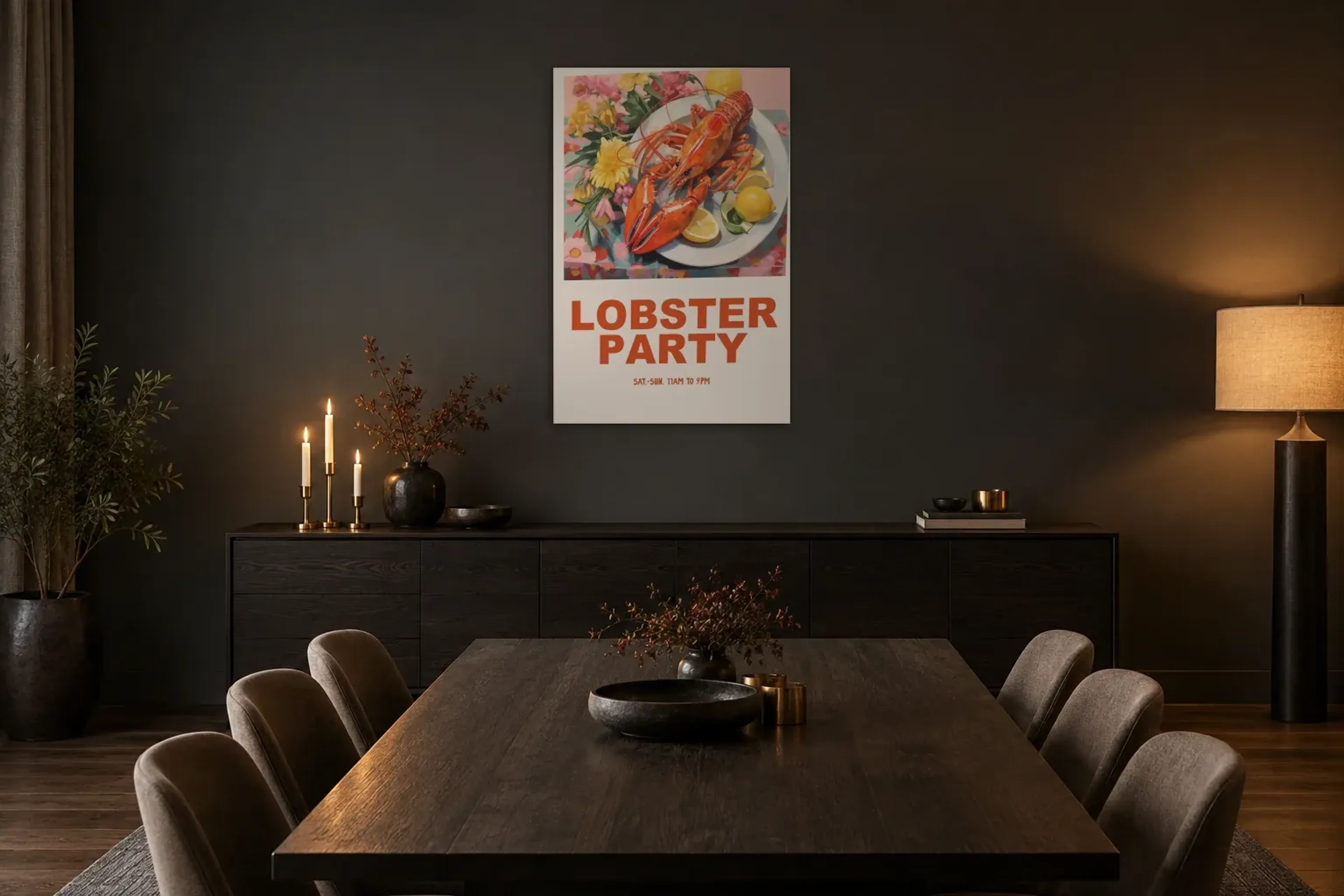 Lobster Party als Wandbild über einem 180-cm-Sideboard