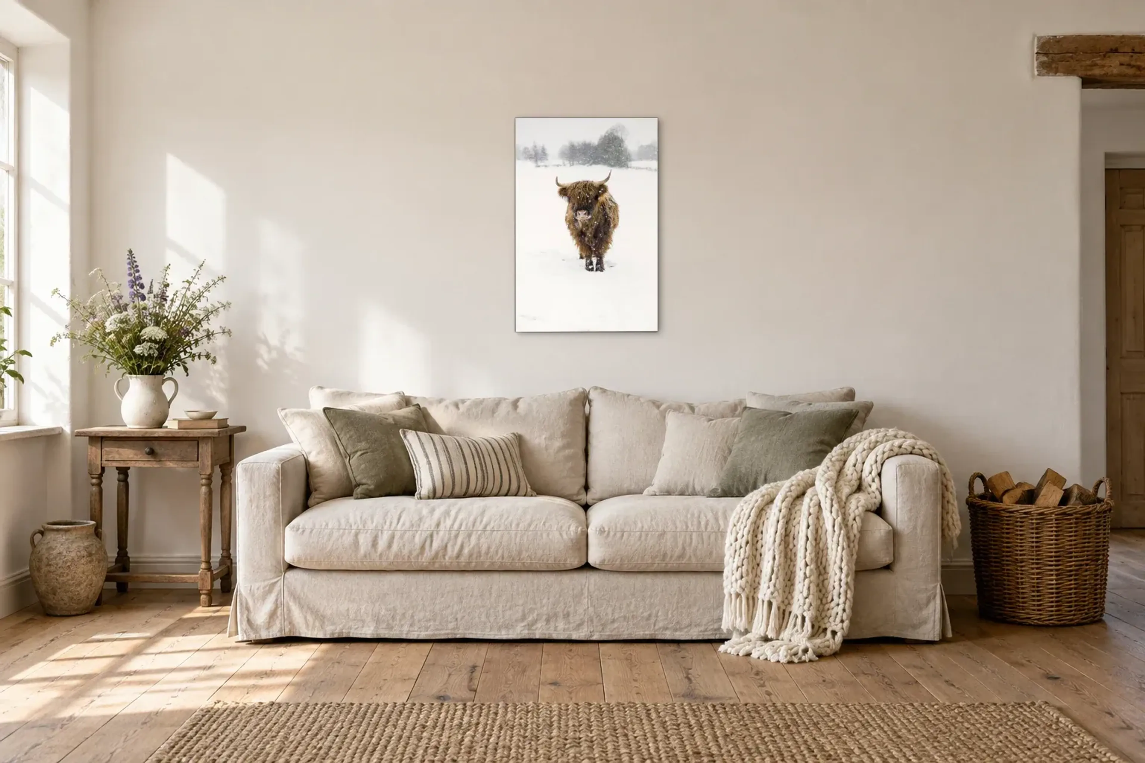 Rind im Schnee als Wandbild über einem 220-cm-Sofa