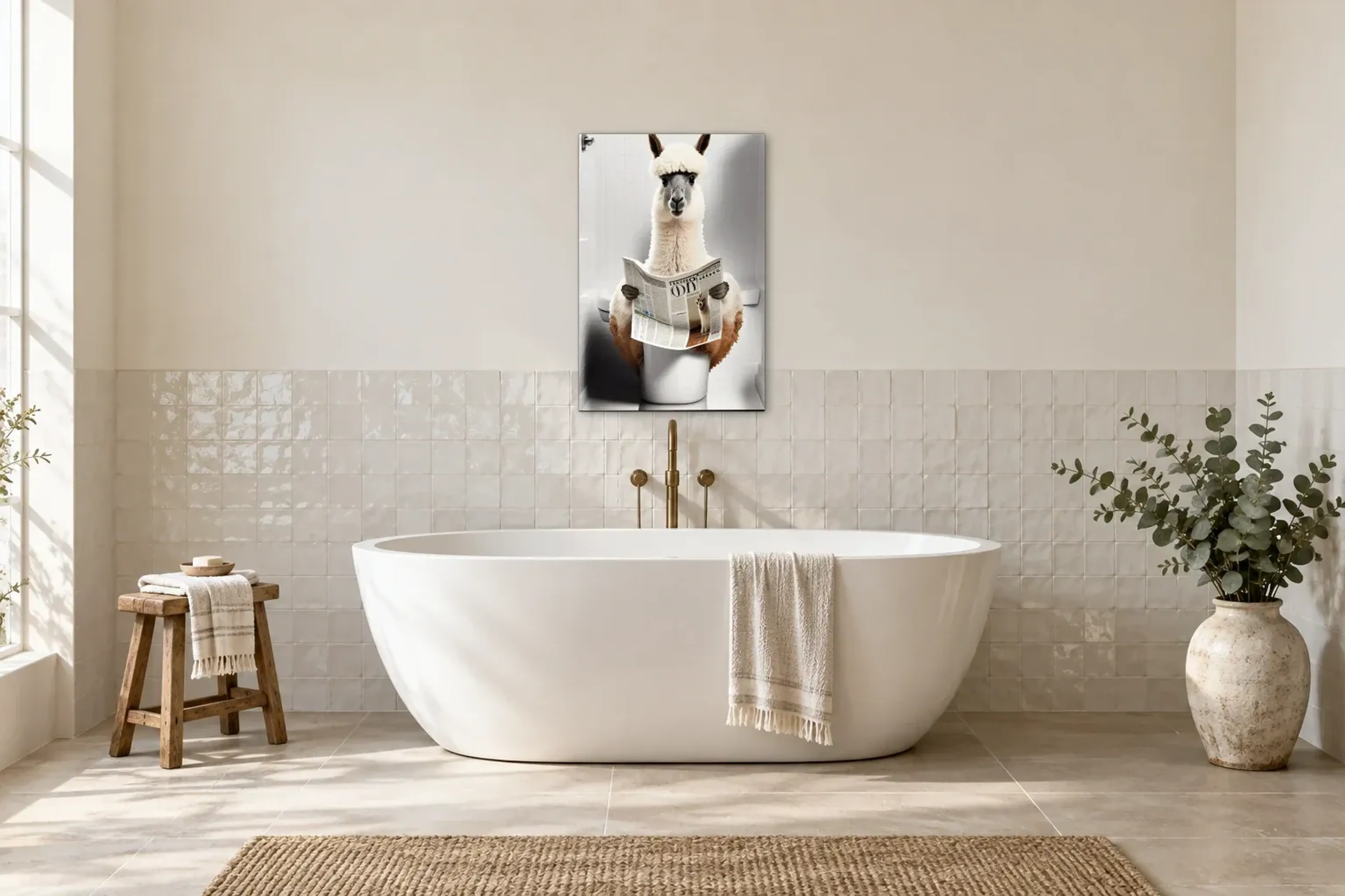 Alpaka beim Zeitunglesen als Wandbild über einer 170-cm-Badewanne