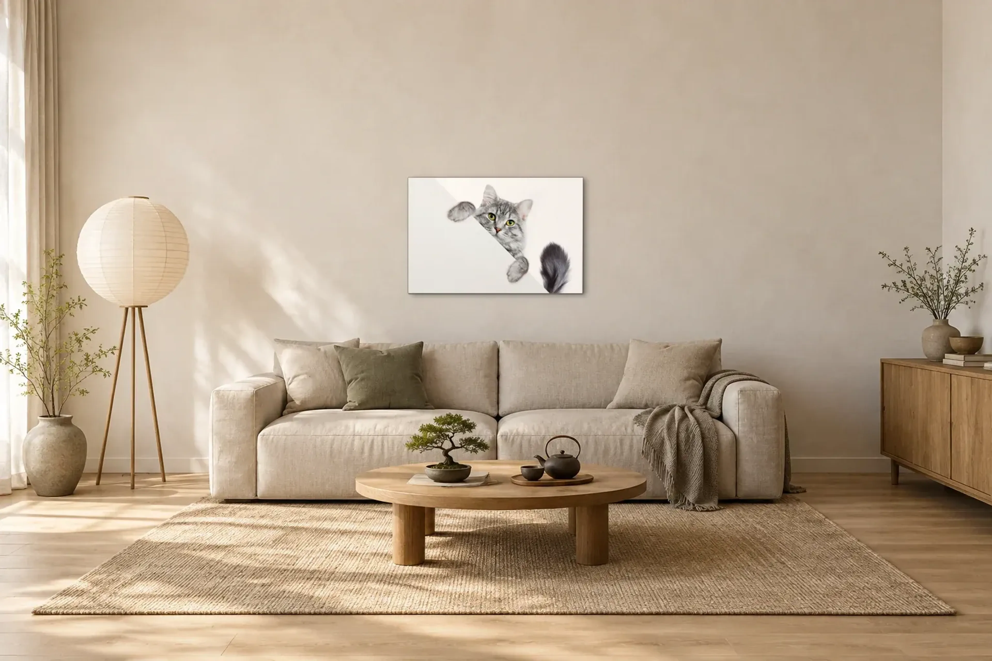 Katze hinter weißer Kante als Wandbild über einem 220-cm-Sofa
