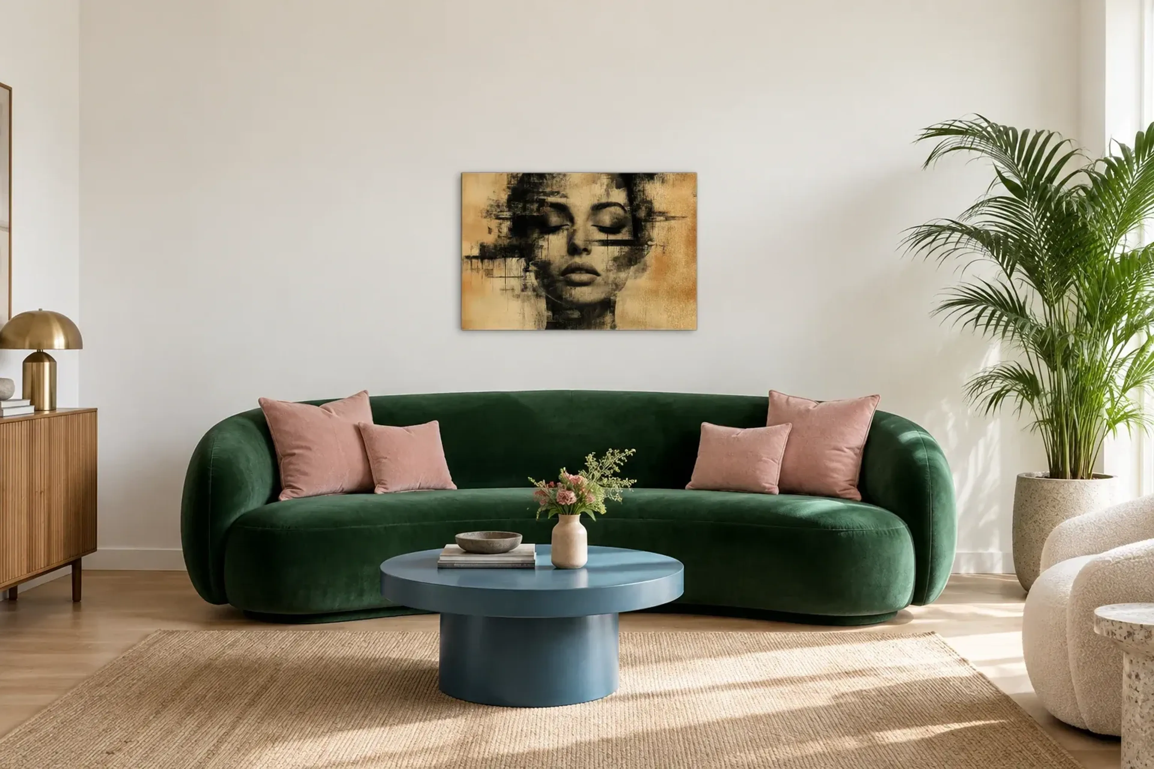 Geschlossene Augen in Gold als Wandbild über einem 220-cm-Sofa