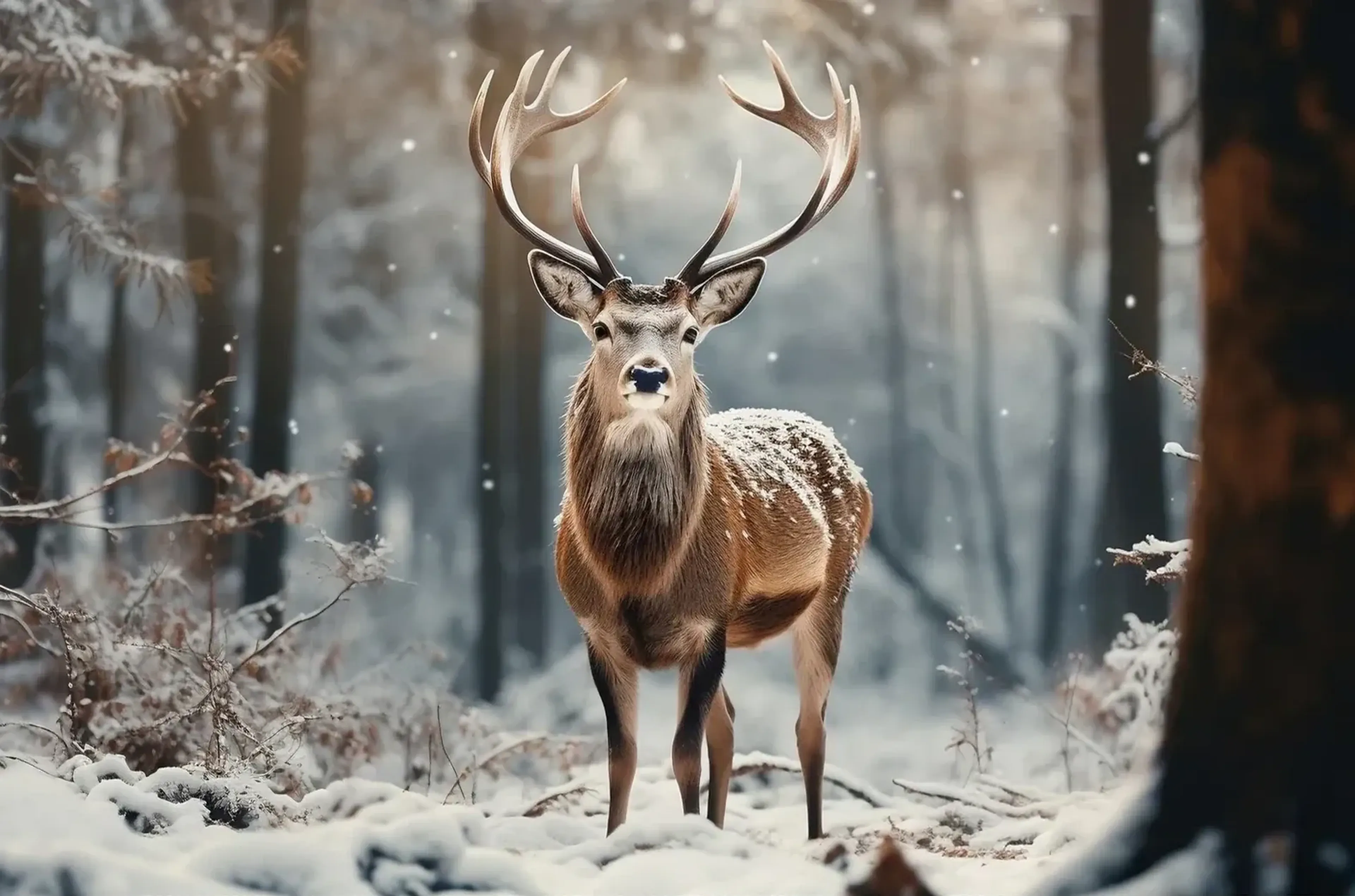 Ein Hirsch mit Schnee auf dem Rücken blickt frontal aus einem verschneiten Wald zwischen Zweigen und Baumstämmen.