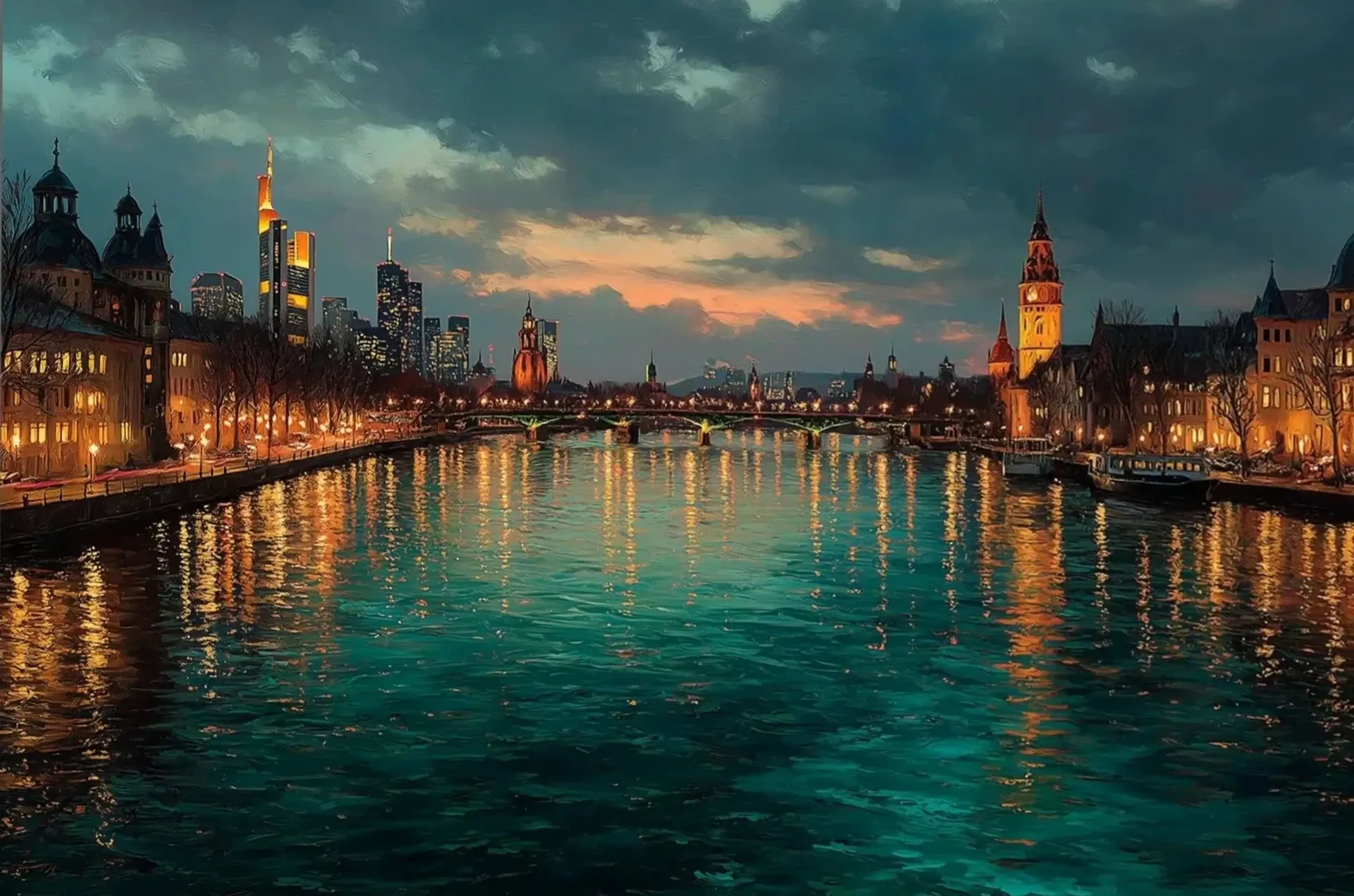Frankfurter Stadtansicht unter dunklen Wolken mit goldenen Uferlichtern und türkisfarbenen Spiegelungen im Fluss.