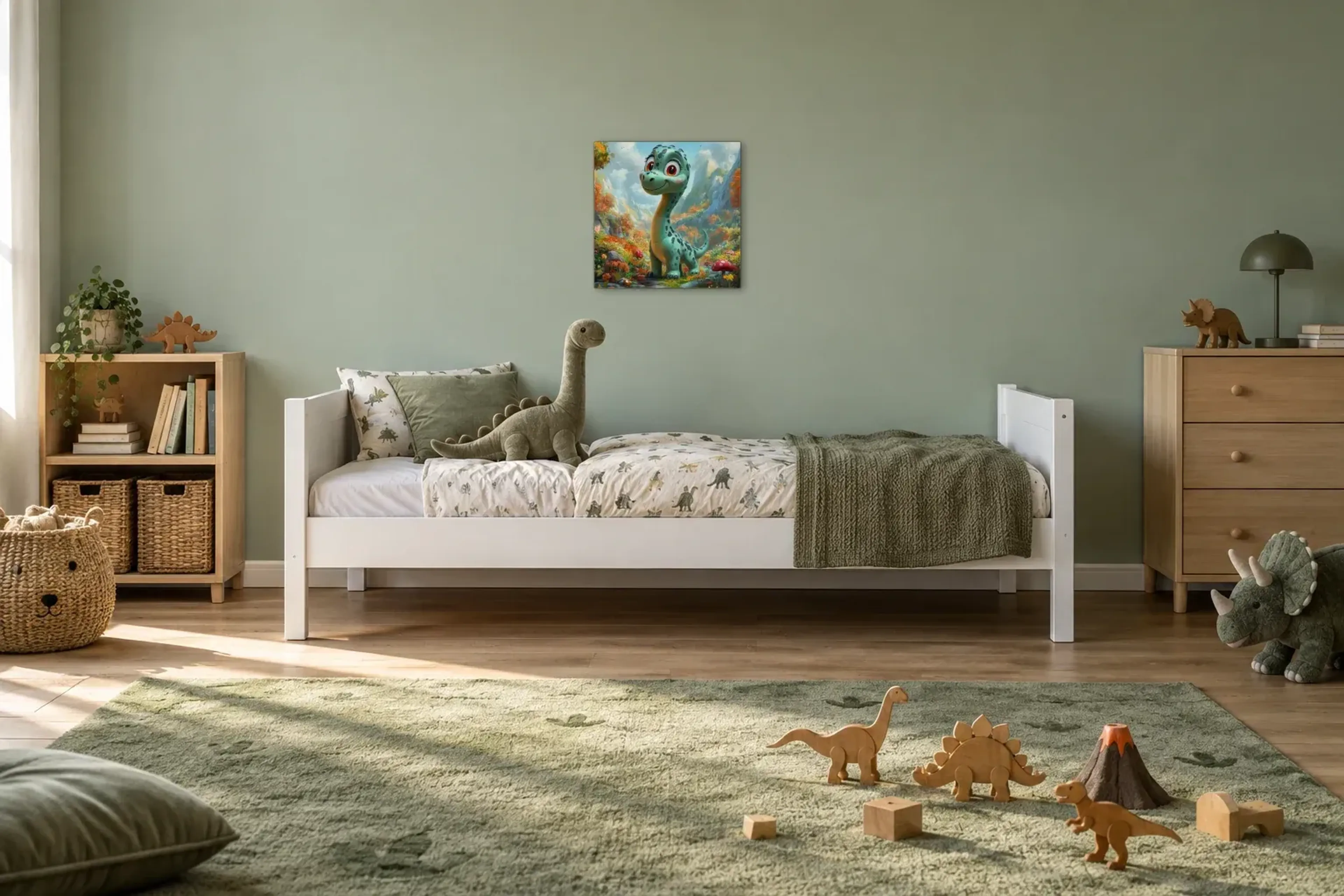 Langhals zwischen Herbstlaub und Pilzen als Wandbild über einem 200-cm-Kinderbett