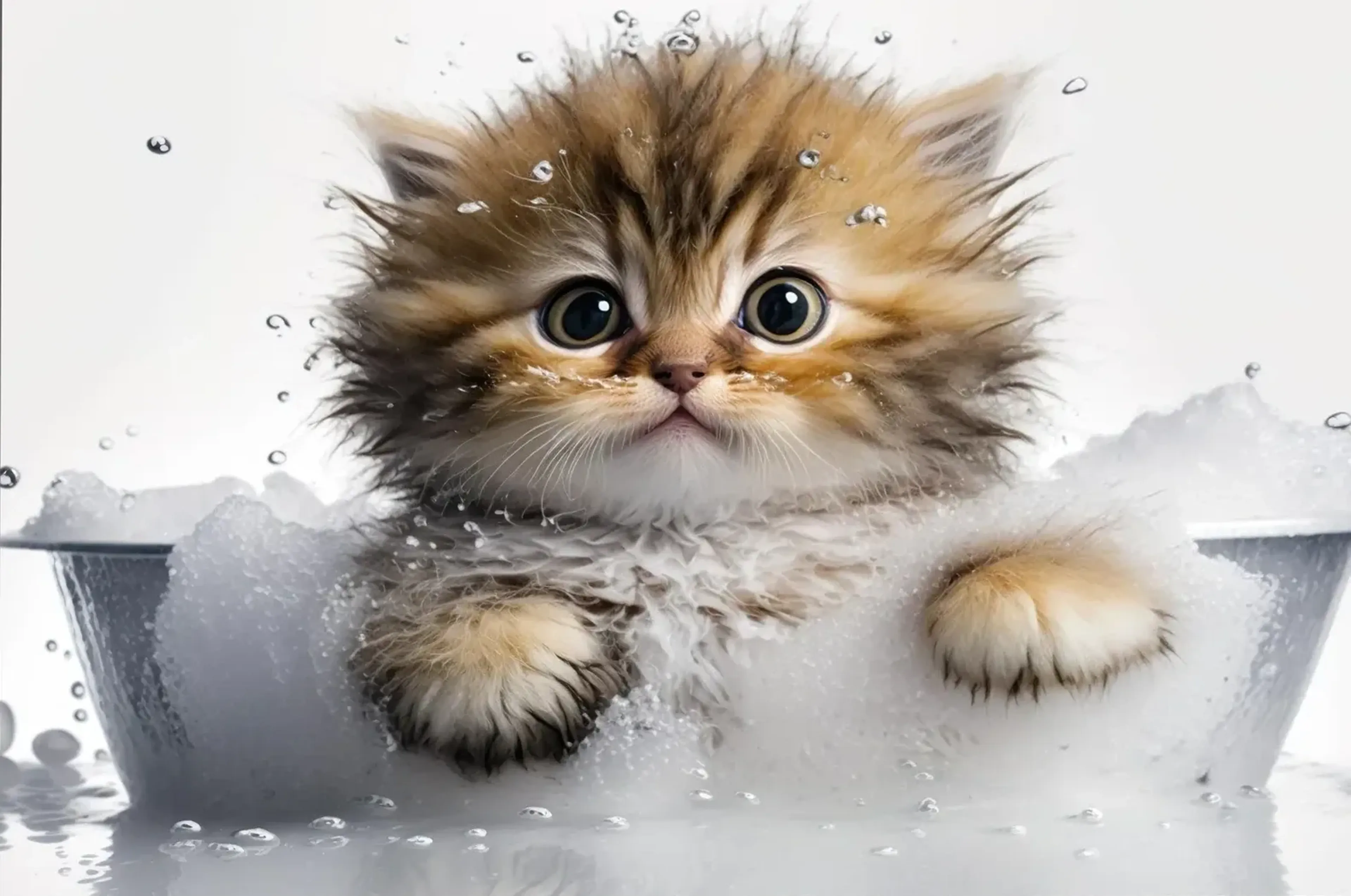 Braun-weißes Kätzchen mit großen Augen sitzt zwischen Schaum und Wassertropfen in einer grauen Wanne.