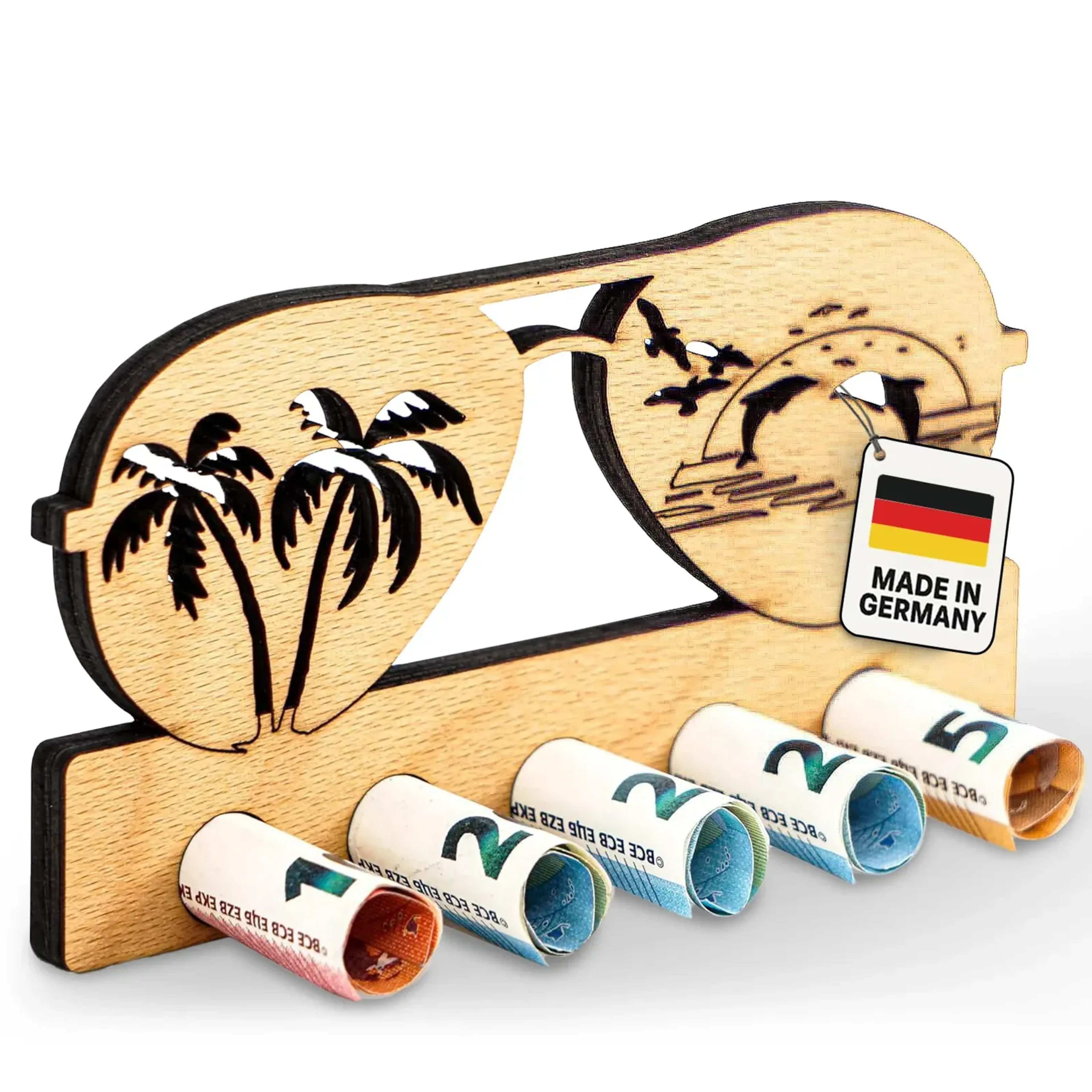 Geldgeschenk aus hellem Holz in Sonnenbrillenform mit Palmen, Delfin, Sonne und gerollten Geldscheinen.