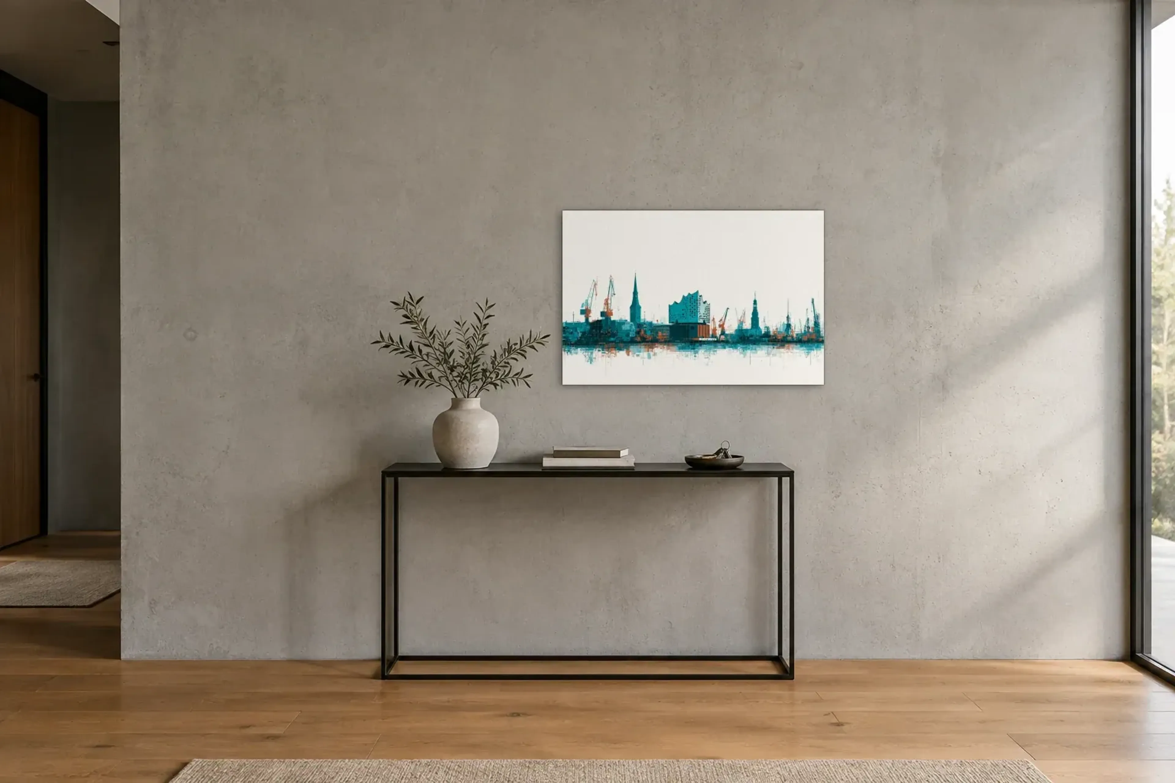 Hamburger Hafensilhouette als Wandbild über einer 120-cm-Konsole