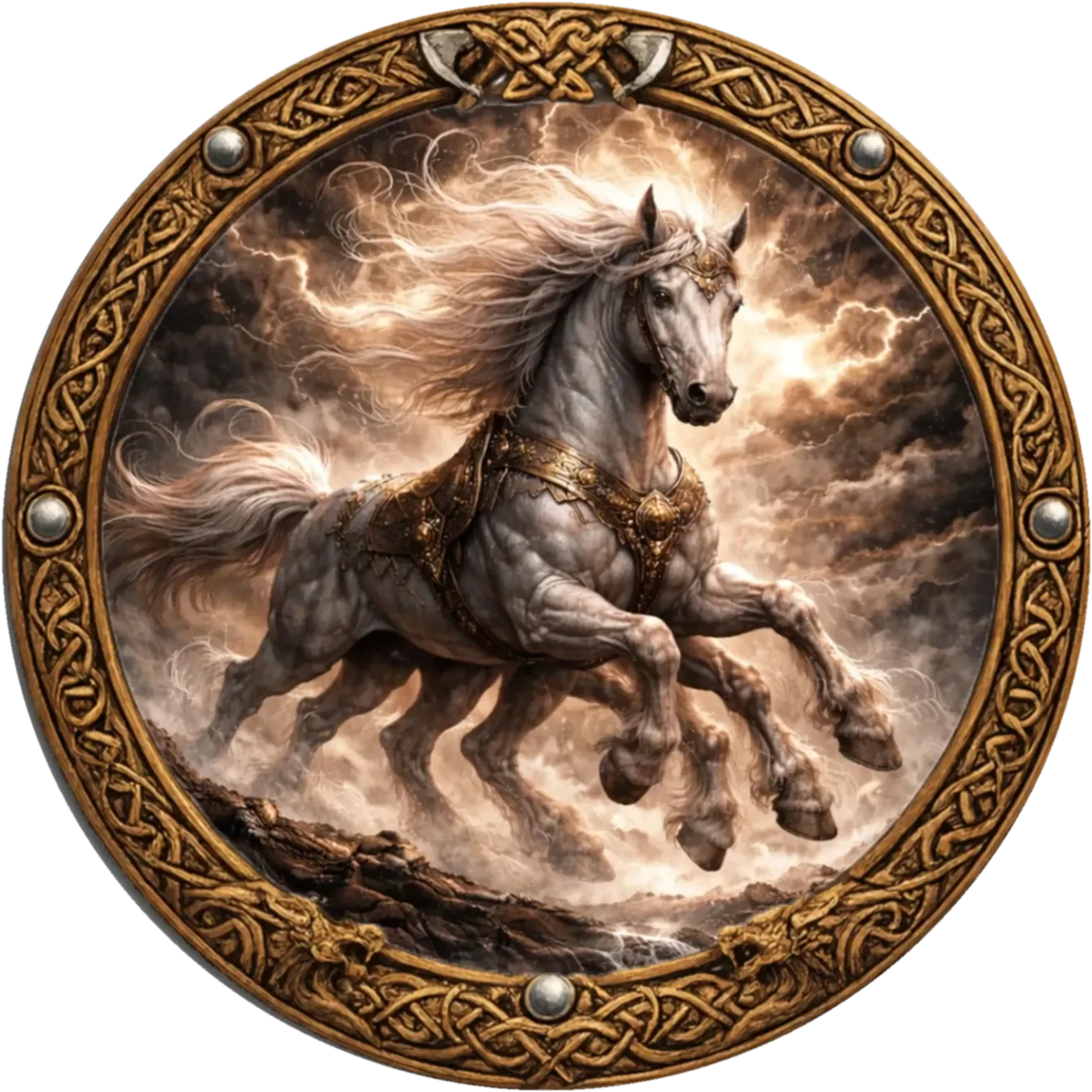Grauweißes, mehrbeiniges Pferd mit wehender Mähne und goldfarbenem Zaumzeug vor leuchtenden Gewitterwolken.