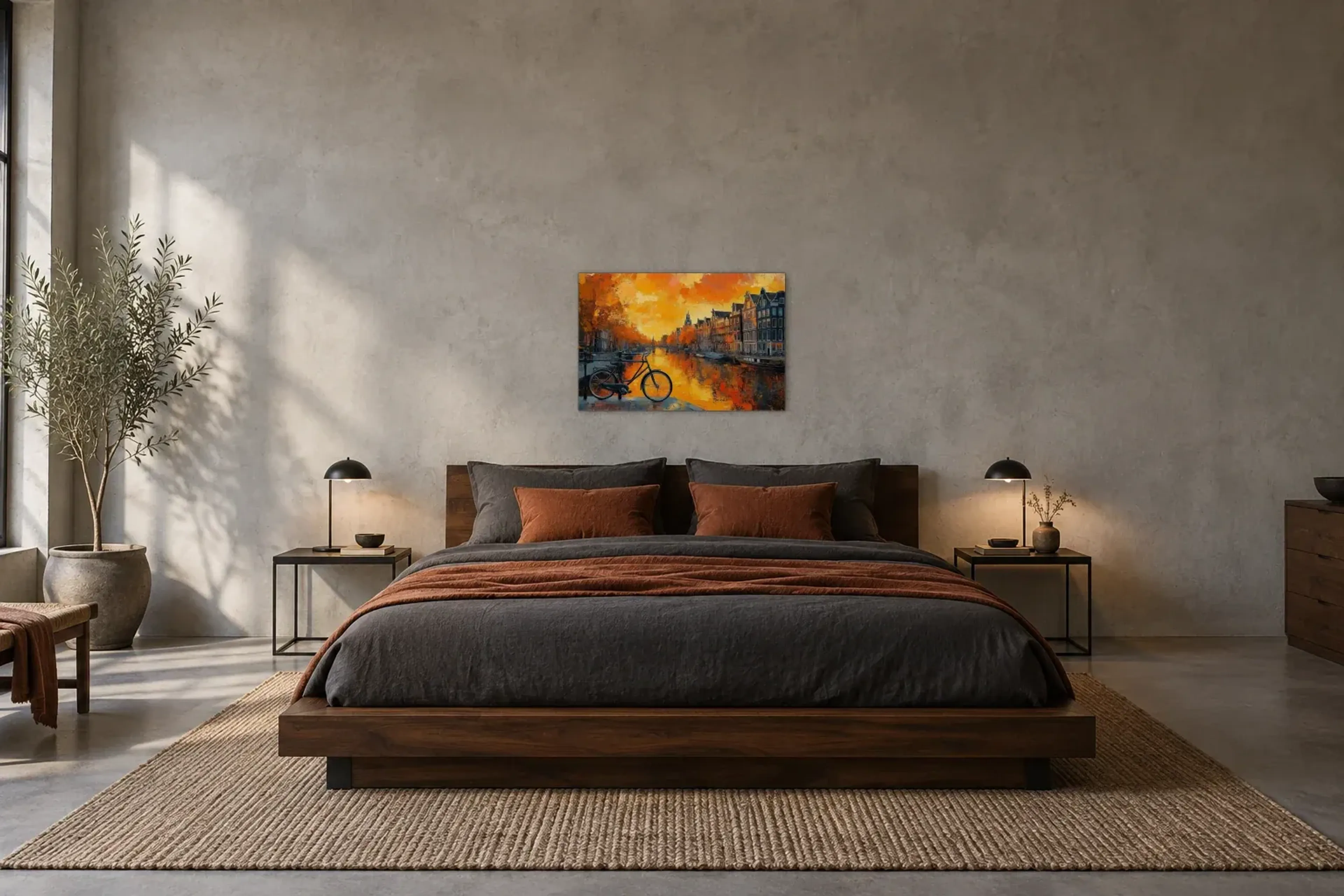 Amsterdam im Abendlicht als Wandbild über einem 180-cm-Bett