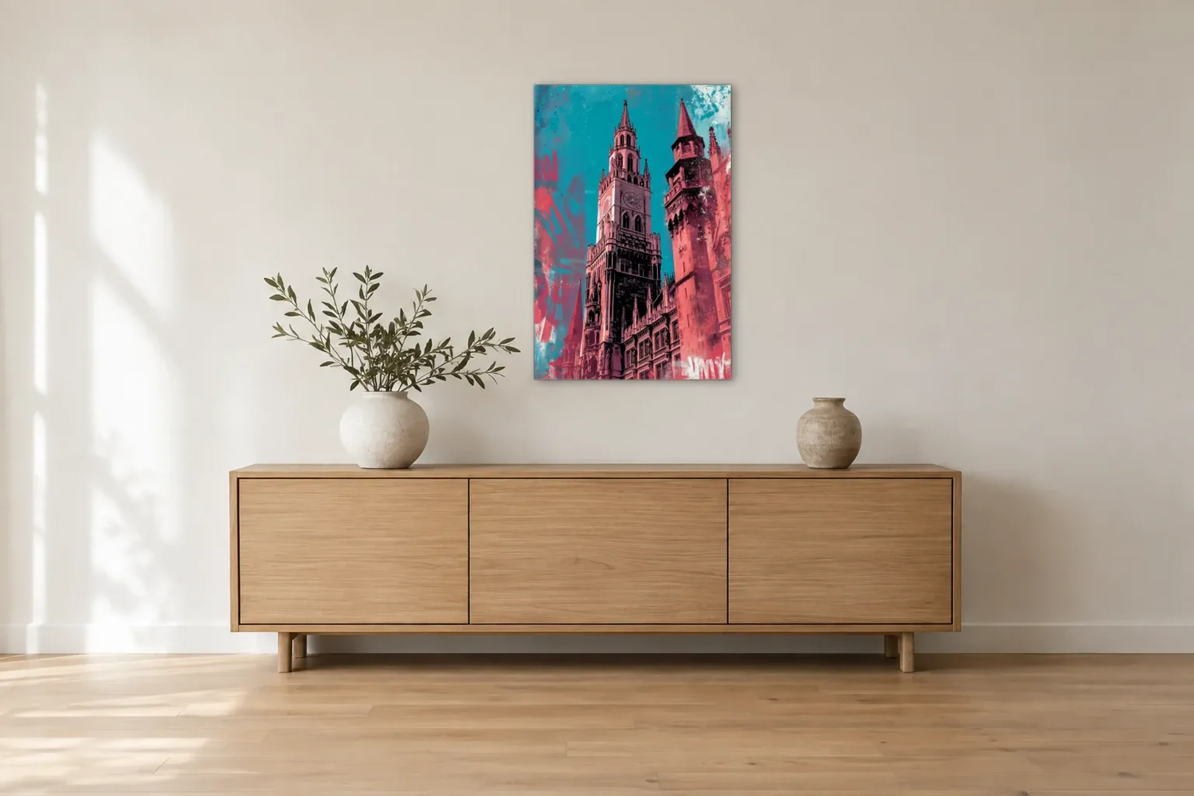 Rathausturm in Korallrosa als Wandbild über einem 180-cm-Sideboard