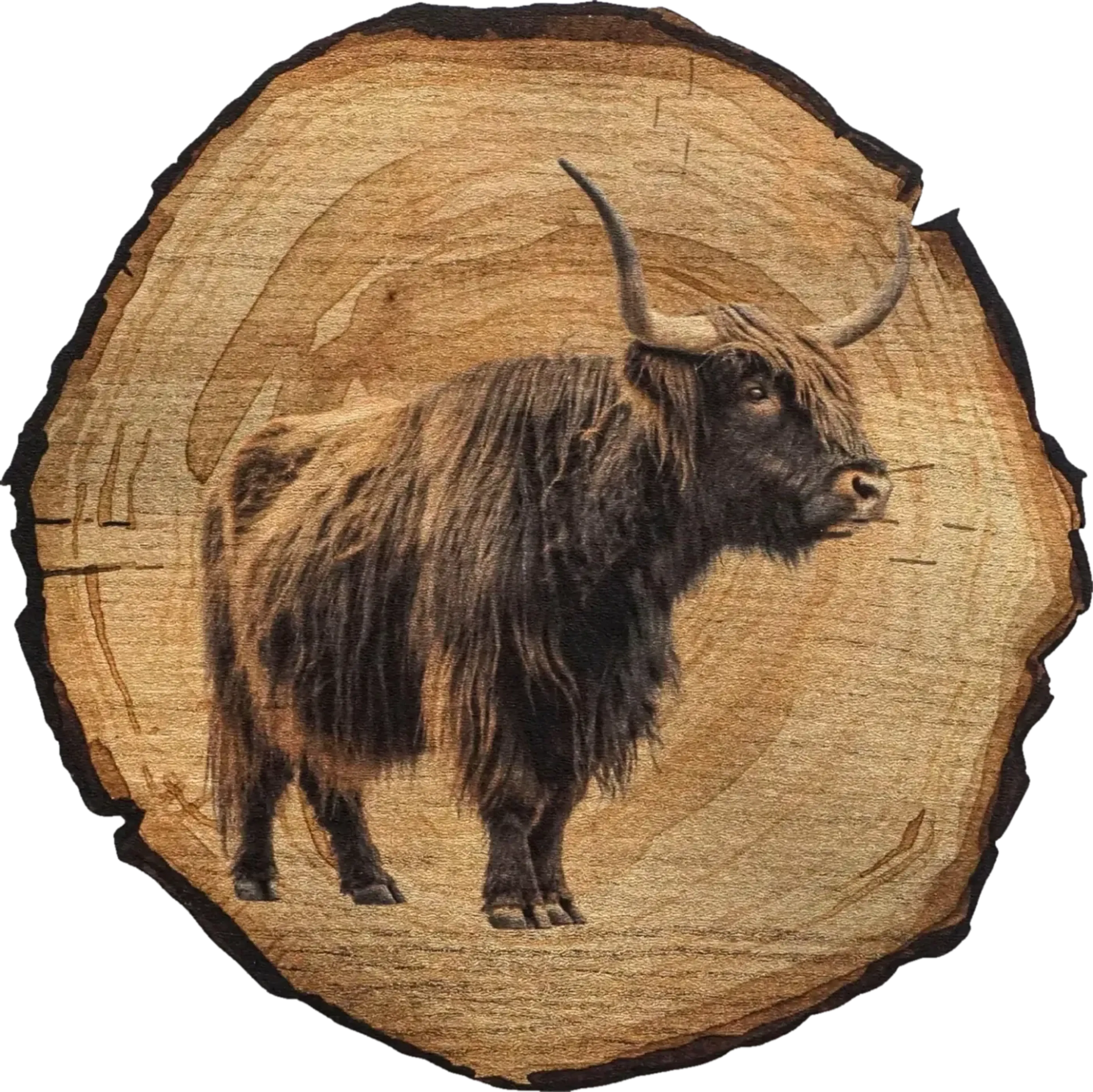 Ein dunkelbraunes, zotteliges Hochlandrind mit langen Hörnern steht seitlich vor einem runden Holzoptik-Hintergrund.