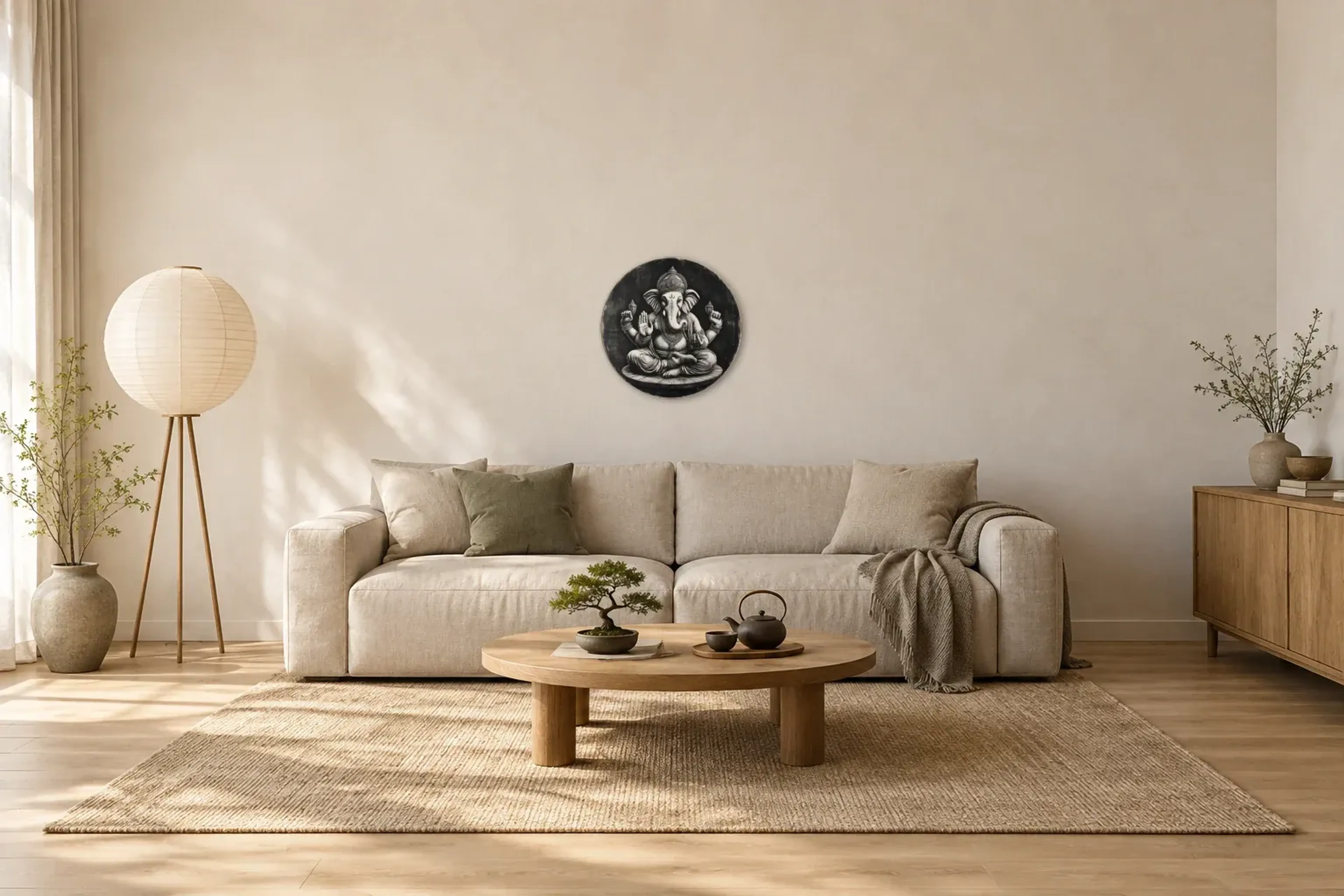 Ganesha als Wandbild über einem 220-cm-Sofa