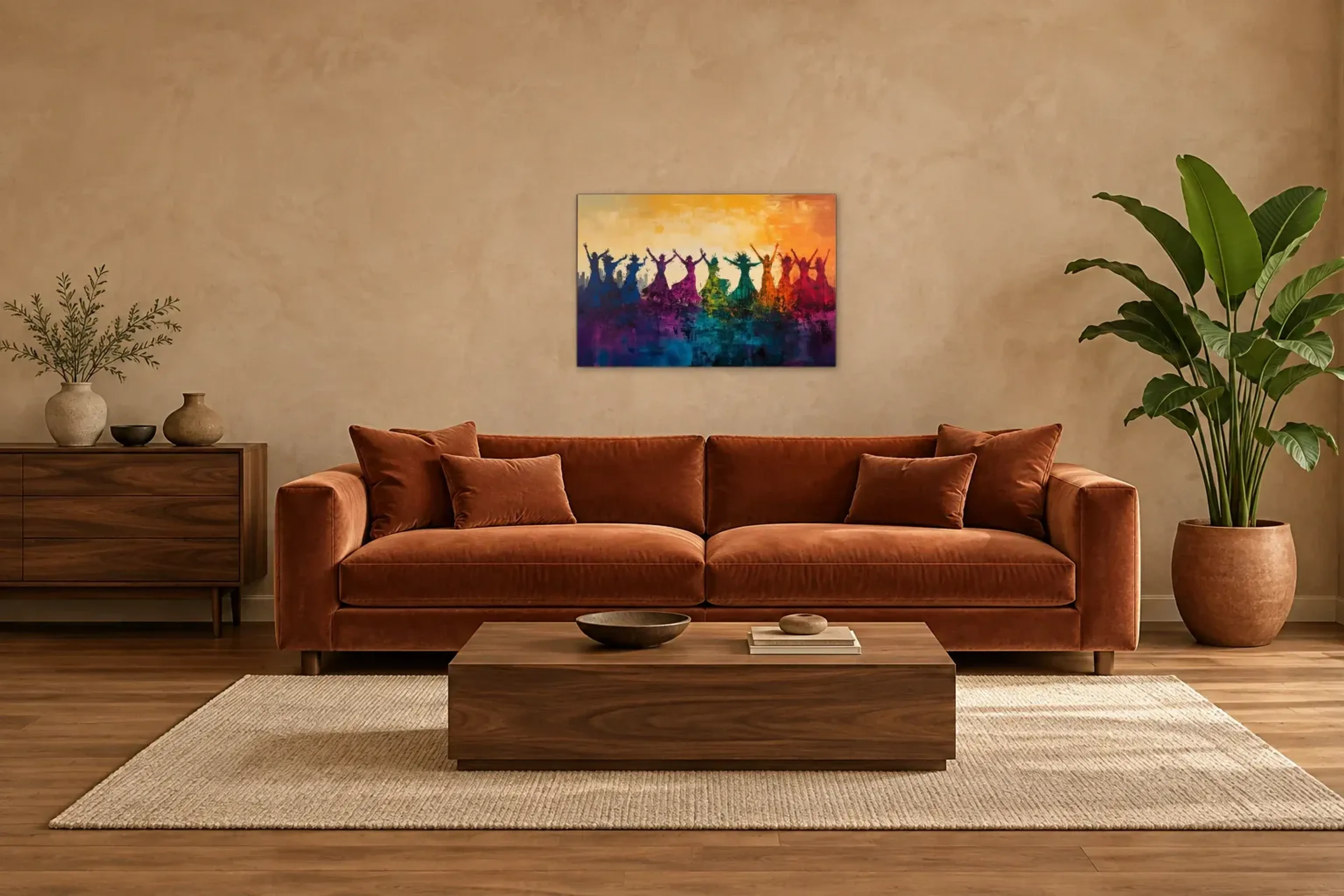 Tanz der Farben als Wandbild über einem 220-cm-Sofa