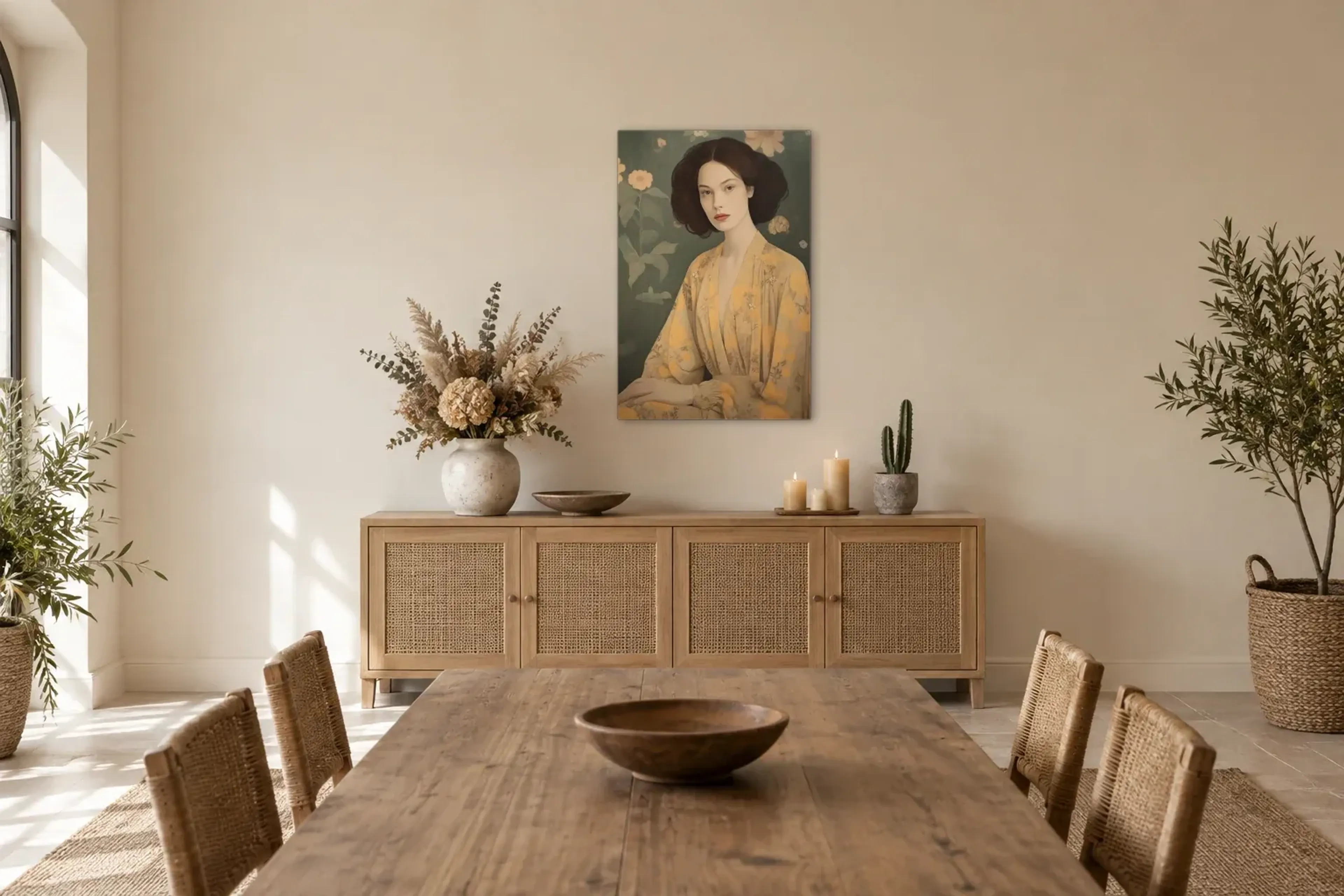 Frau in goldgelbem Gewand als Wandbild über einem 160-cm-Sideboard