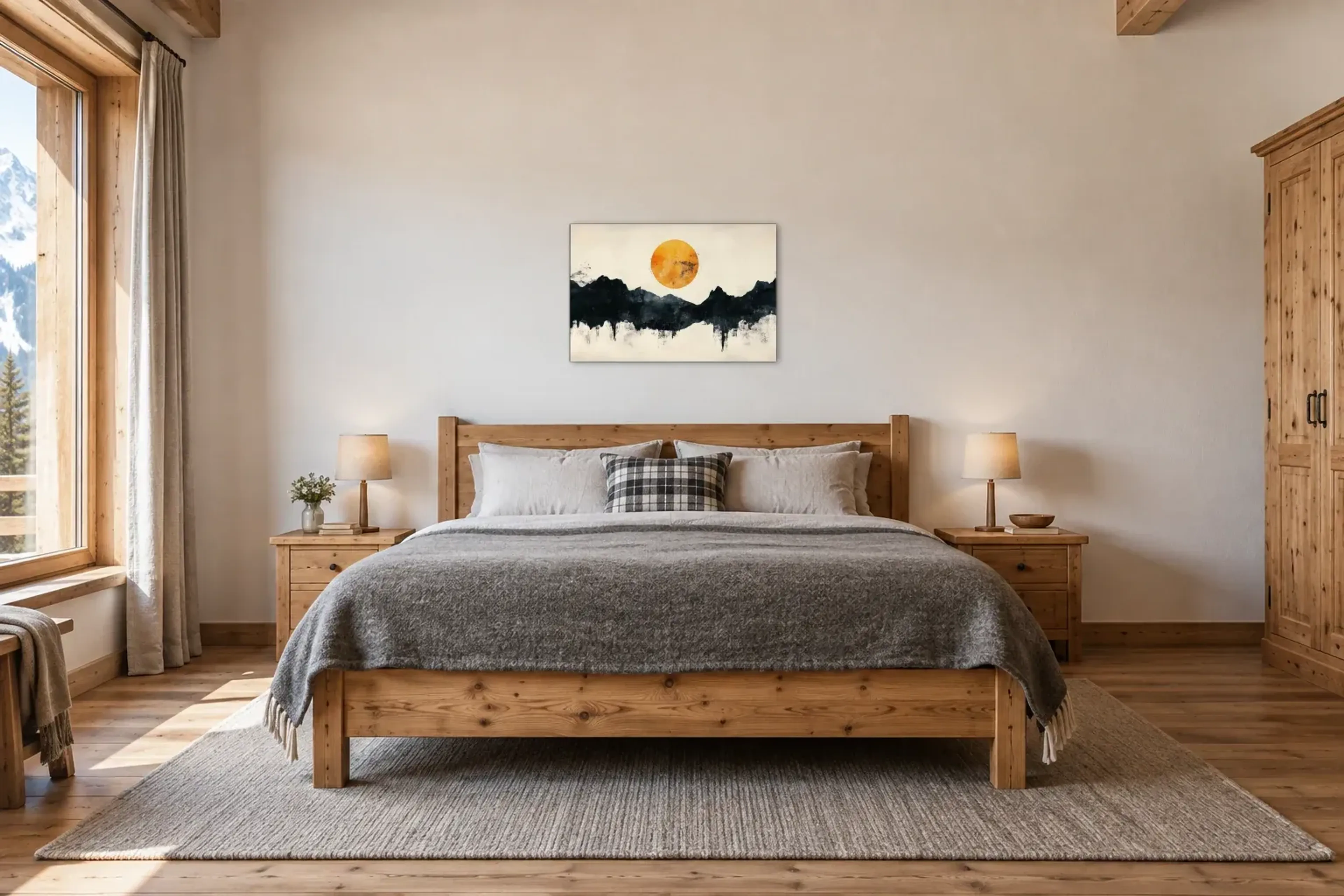 Sonne über Bergen als Wandbild über einem 180-cm-Bett